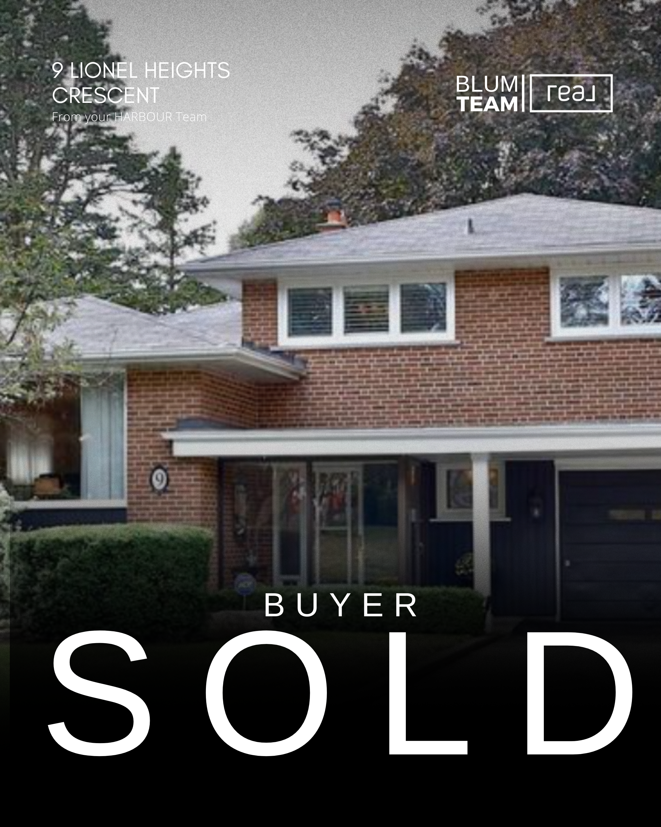 Front view of a two-story brick house with a large window on the second floor and a garage on the right side. The house is labeled 'Lionel Heights Crescent' and has a 'Sold' sign indicating the property is sold.