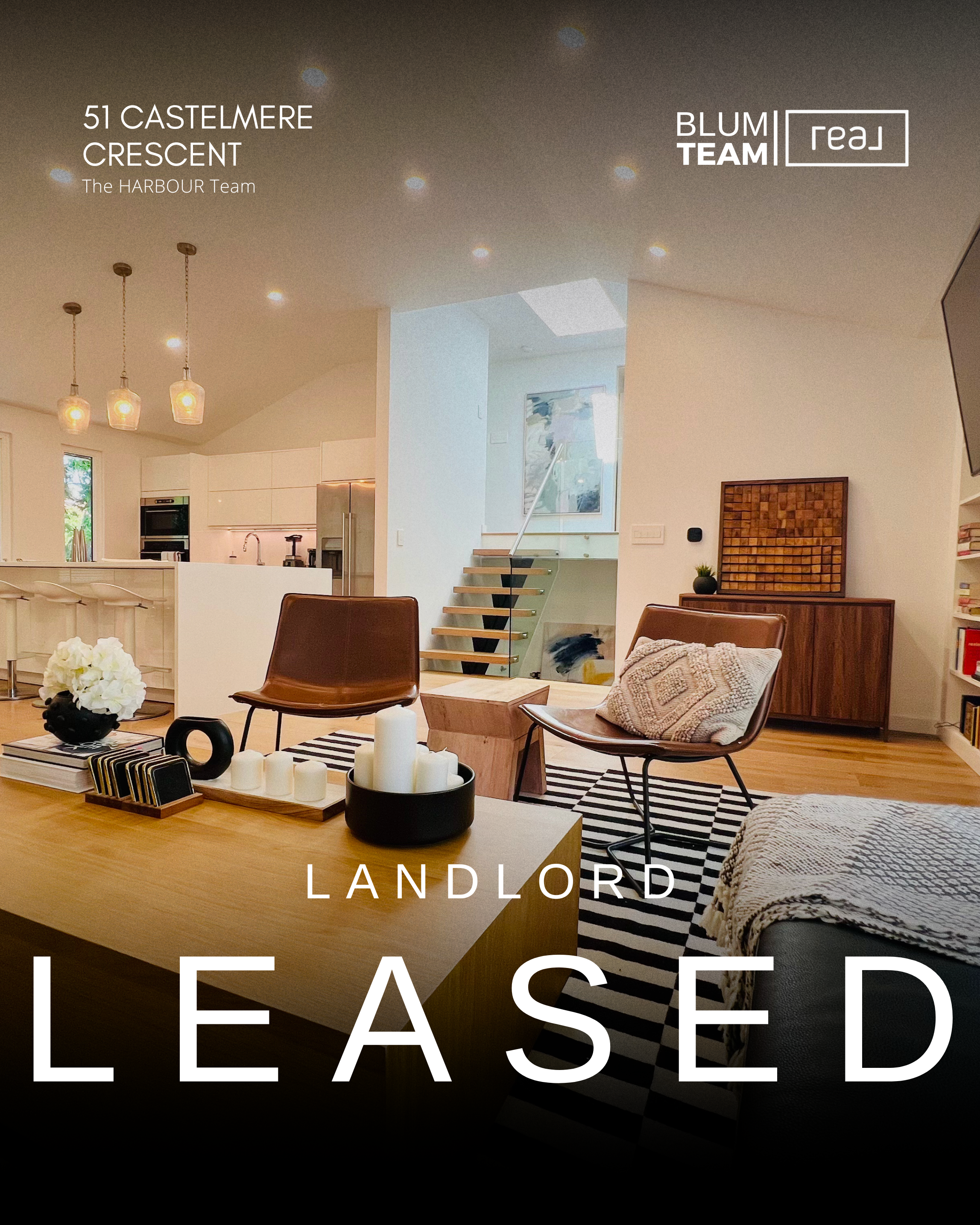 Interior of a modern living room with a kitchen in the background, featuring wooden furniture, decorative candles, and striped rugs, with the words 'Leased' and details about a property at 51 Castlemere Crescent.