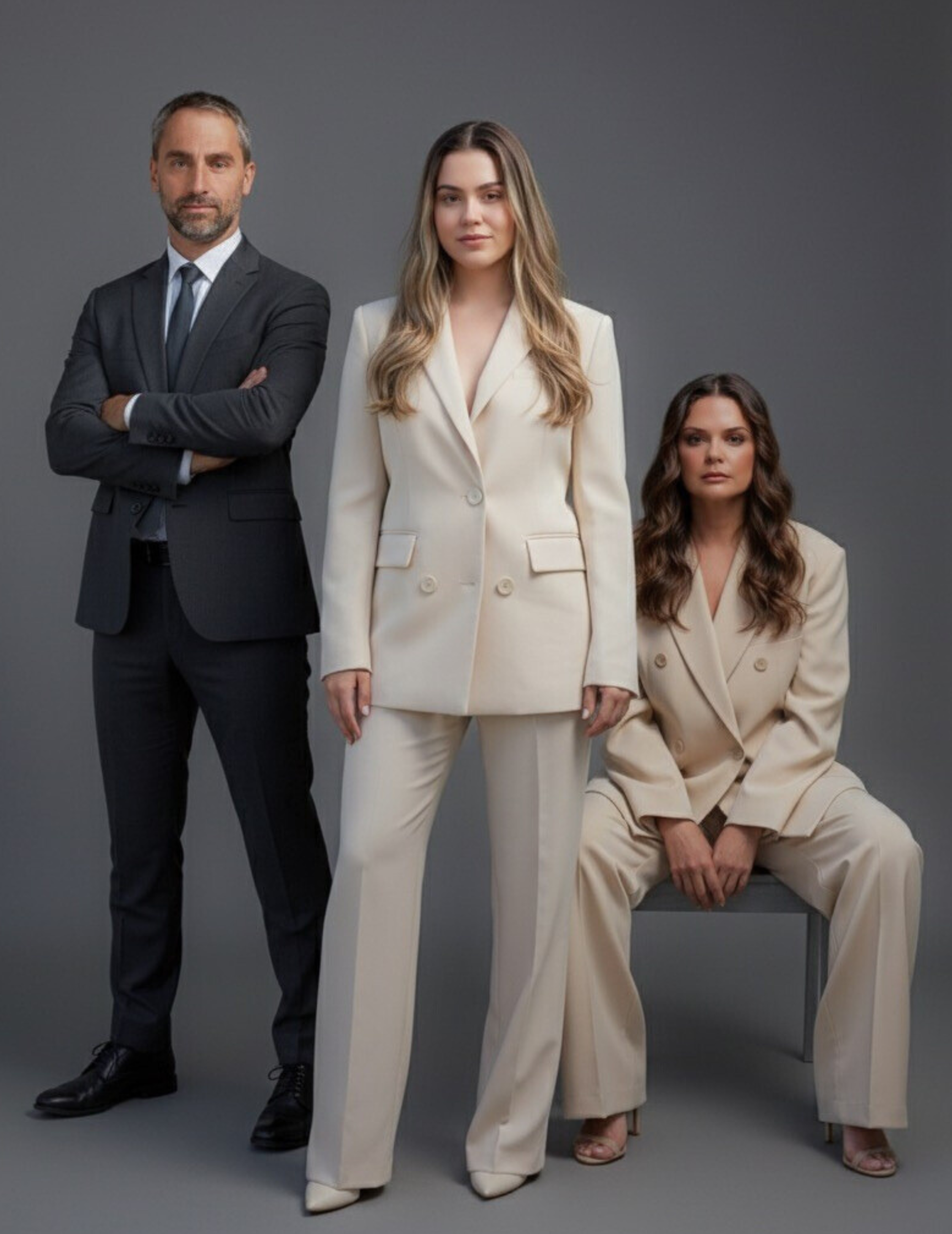 Three professionally dressed individuals, two women and one man, posing against a gray background. The man is standing with arms crossed, wearing a dark suit and tie. The woman in the center is standing, wearing a cream-colored suit, and the woman on the right is sitting, wearing a cream-colored blazer and pants.