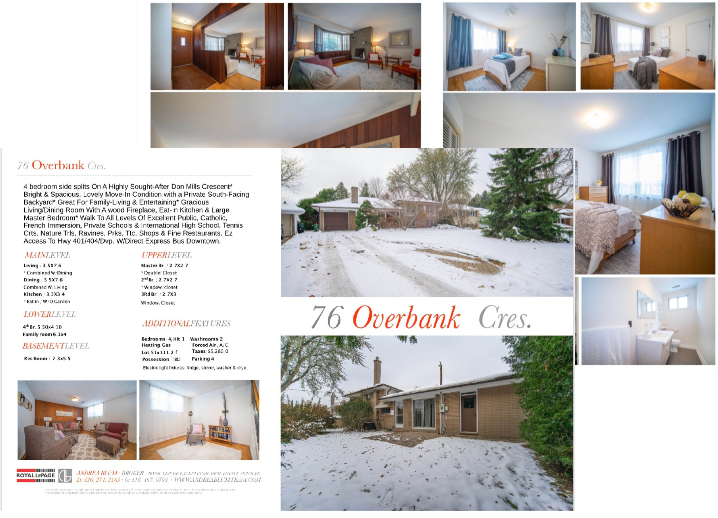 A brochure for Overbank Crescent showcasing multiple images of rooms, a snowy house exterior, and interior details of bedrooms, bathrooms, and living rooms.