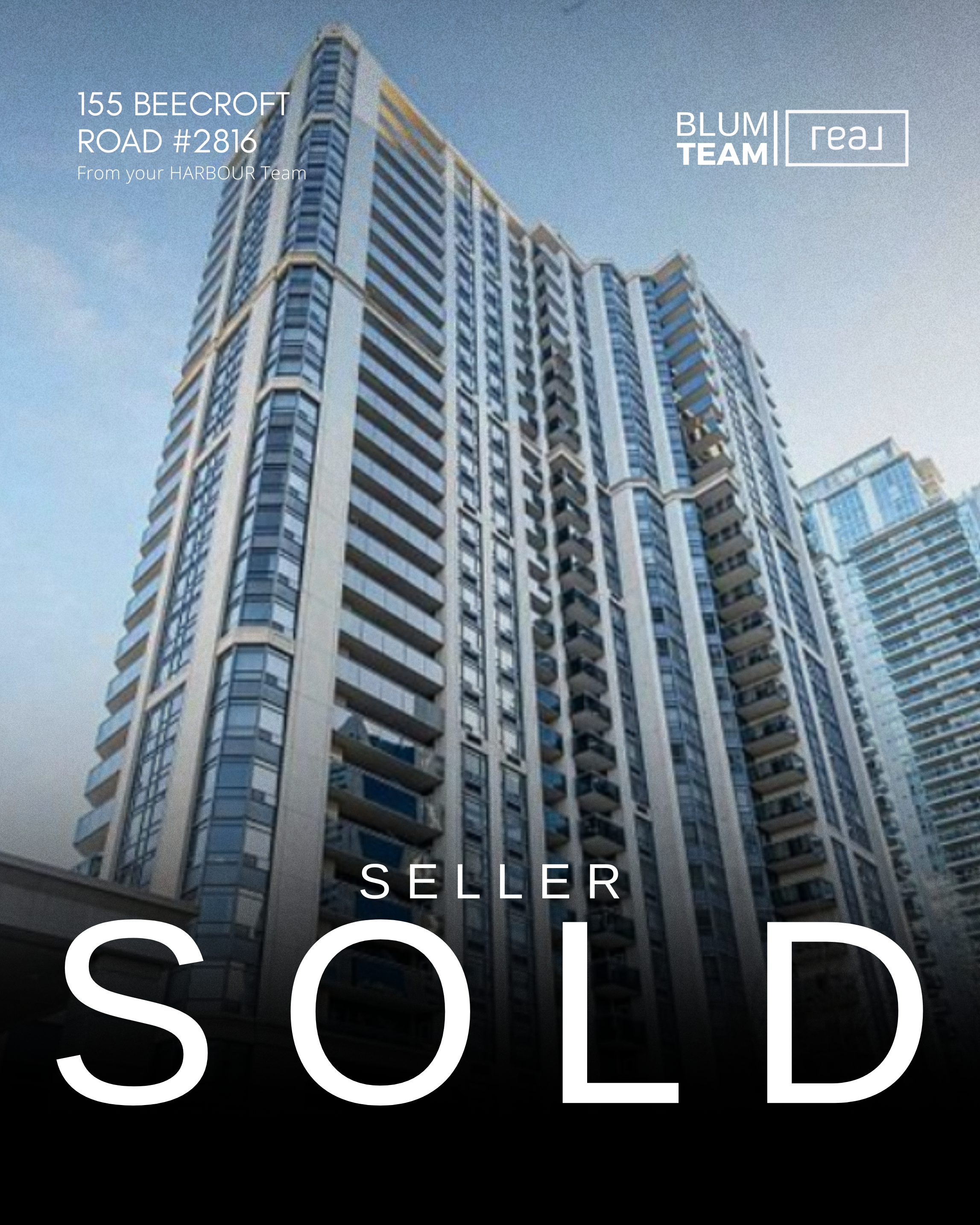 A tall modern high-rise condominium building with many balconies, situated in an urban area. The sky is clear, and other high-rise buildings are visible in the background. Overlaid text indicates the property is sold, with address 155 Beecroft Road #2816, and a note from the Harbour team.