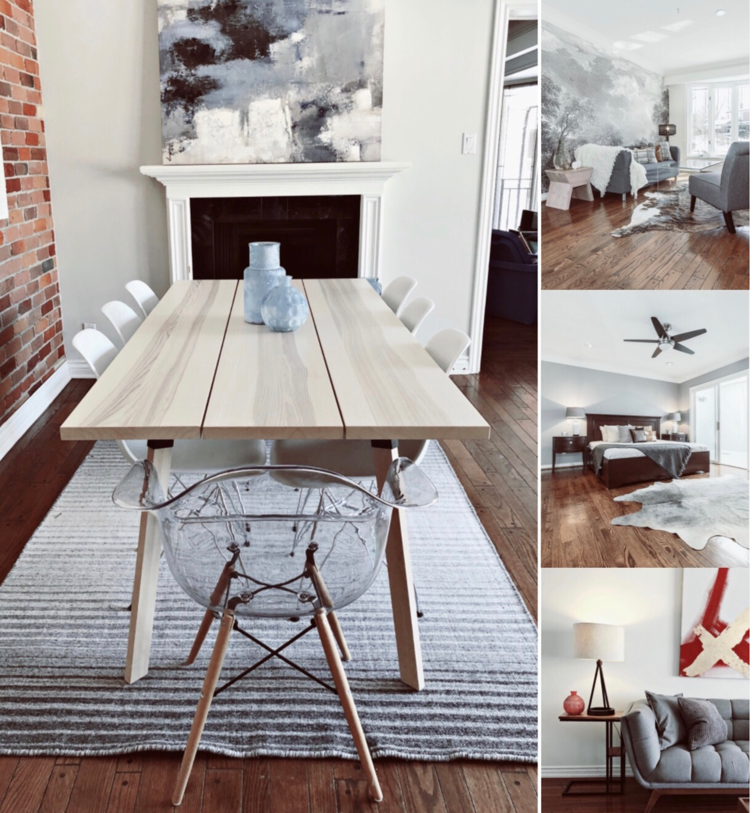 Interiors of a modern home showcasing a dining room with a wooden table, a glass chair, and artwork above a fireplace, a living room with a gray sofa, armchair, and a cowhide rug, a bedroom with a bed, nightstands, and a ceiling fan, and a living room corner with a lamp and side table.