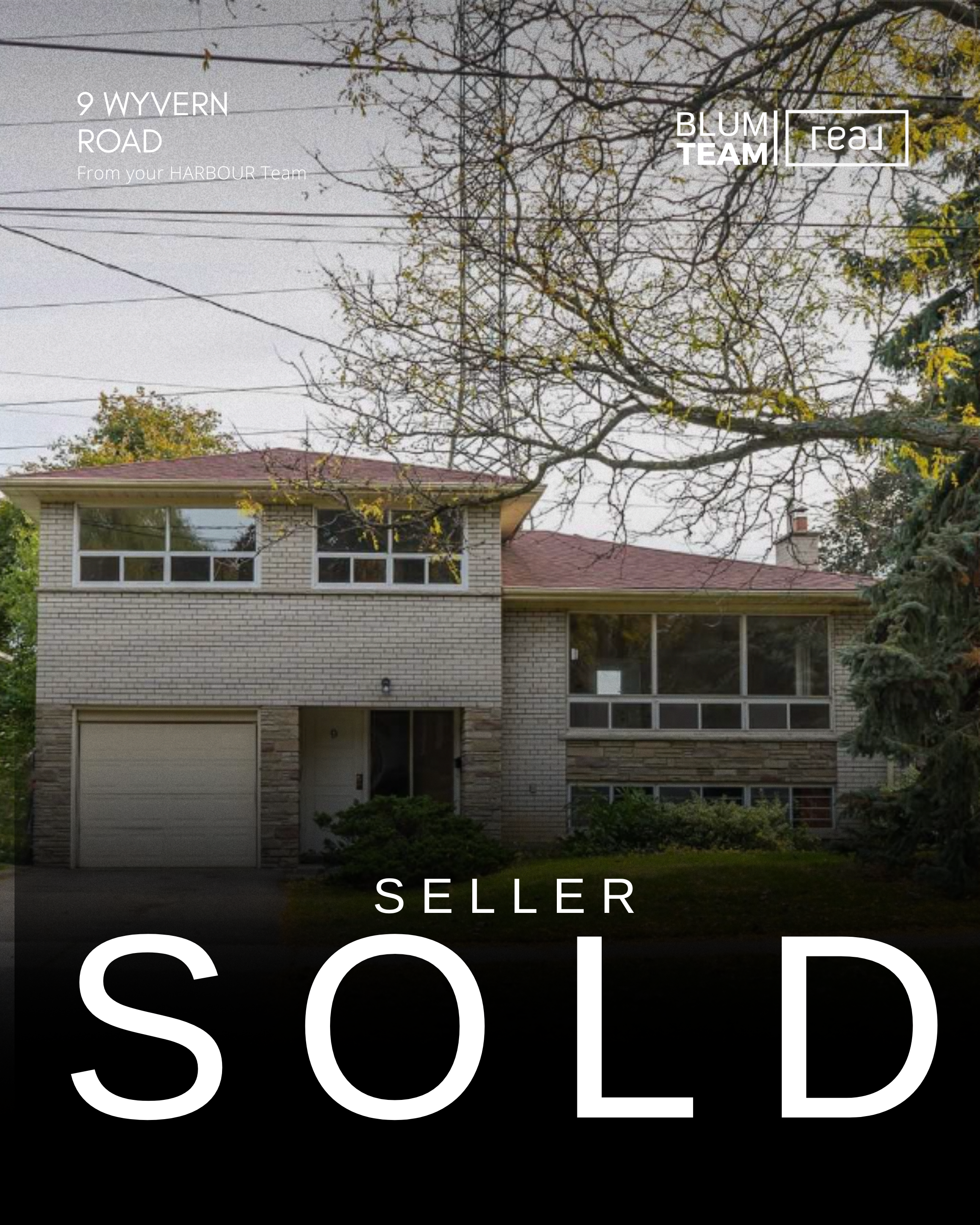 Front view of a sold house with a brick exterior, large windows, and a garage, during daytime with leafless trees in the background and the words 'Seller Sold' overlayed.