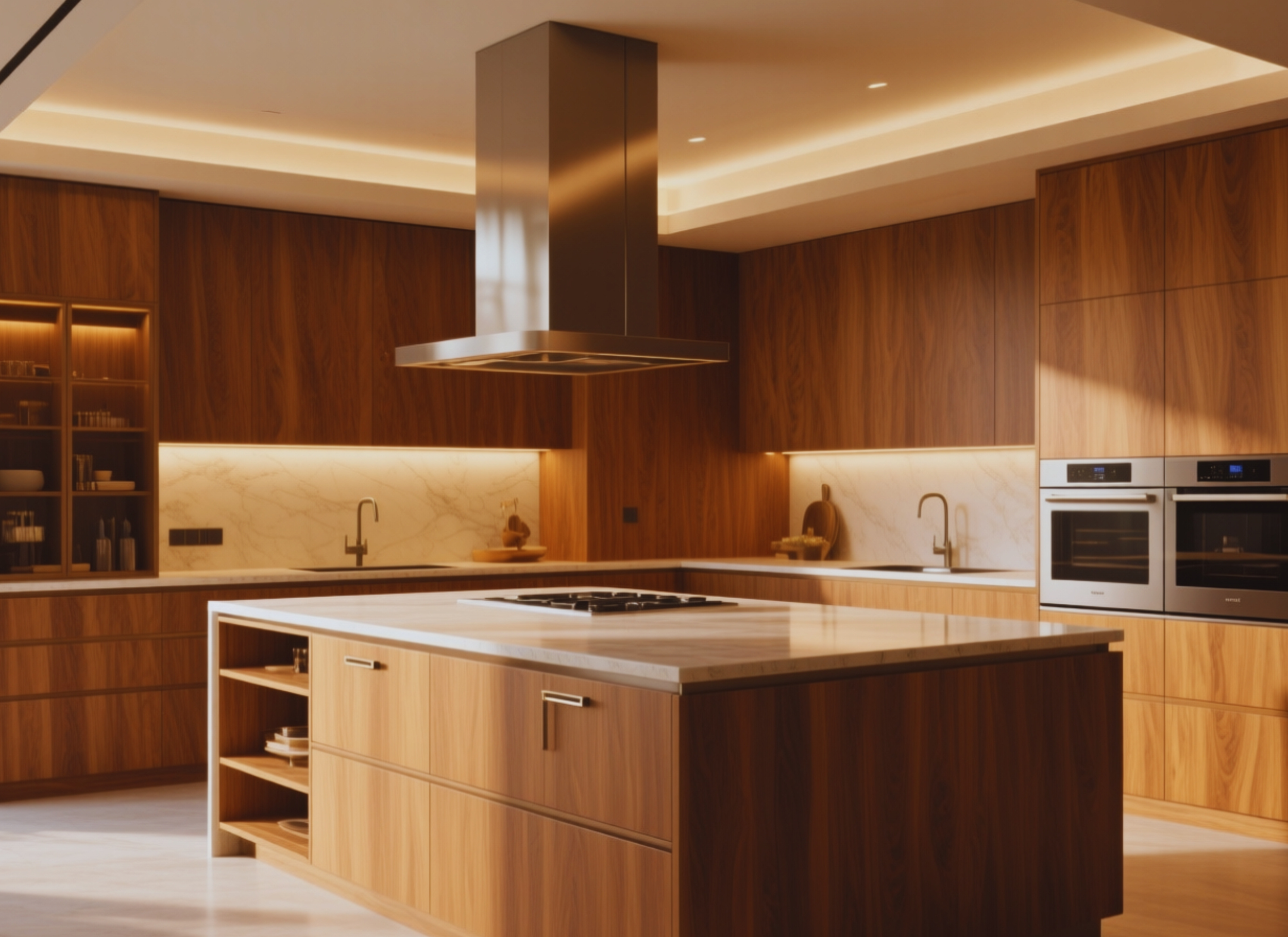Modern kitchen with wooden cabinets, marble countertops, stainless steel appliances, and an island with open shelves.