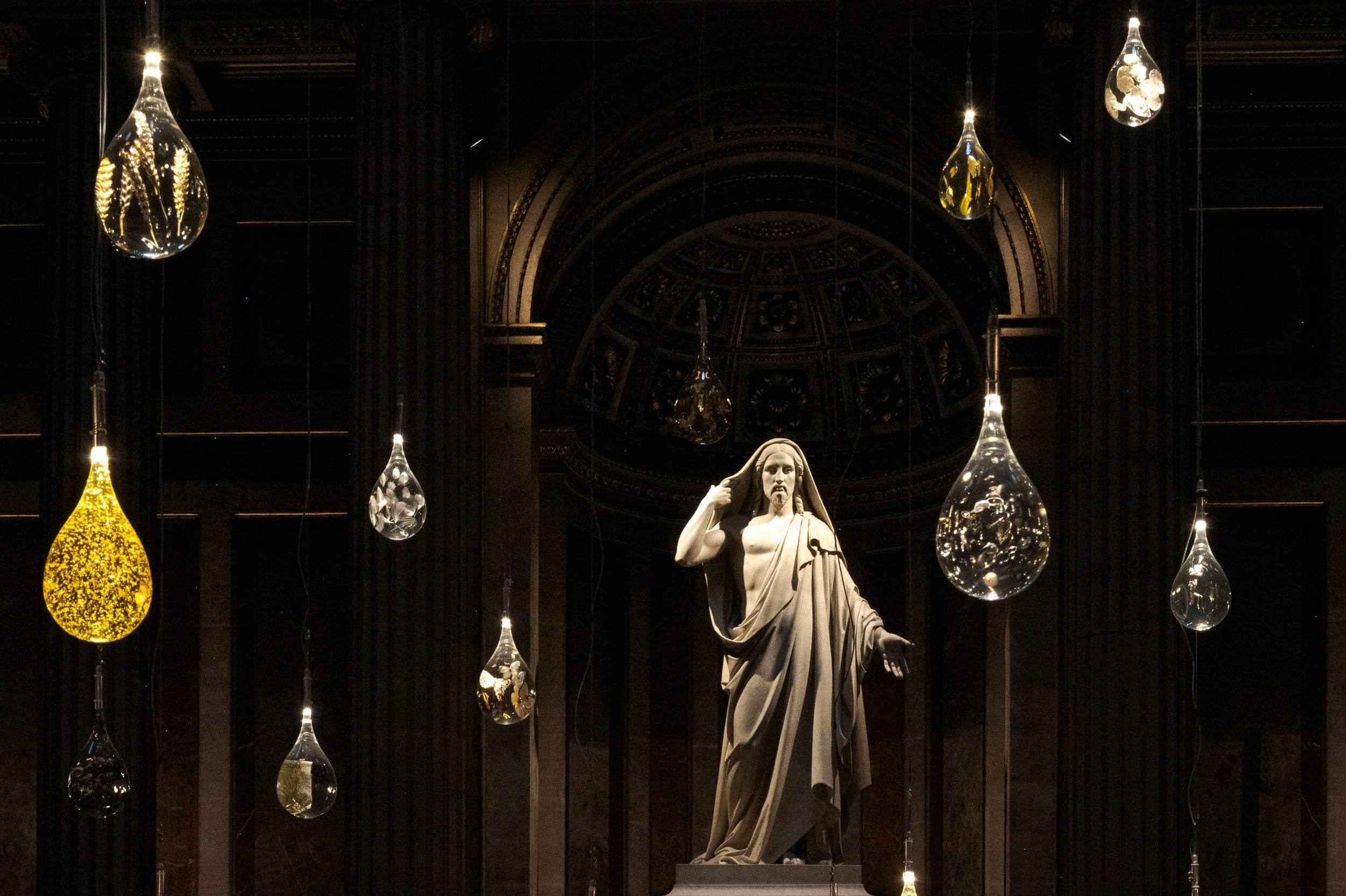 Tears of Joy art installation by Benoit Dutour at the Church of the Madeleine, Paris, France, 2023.