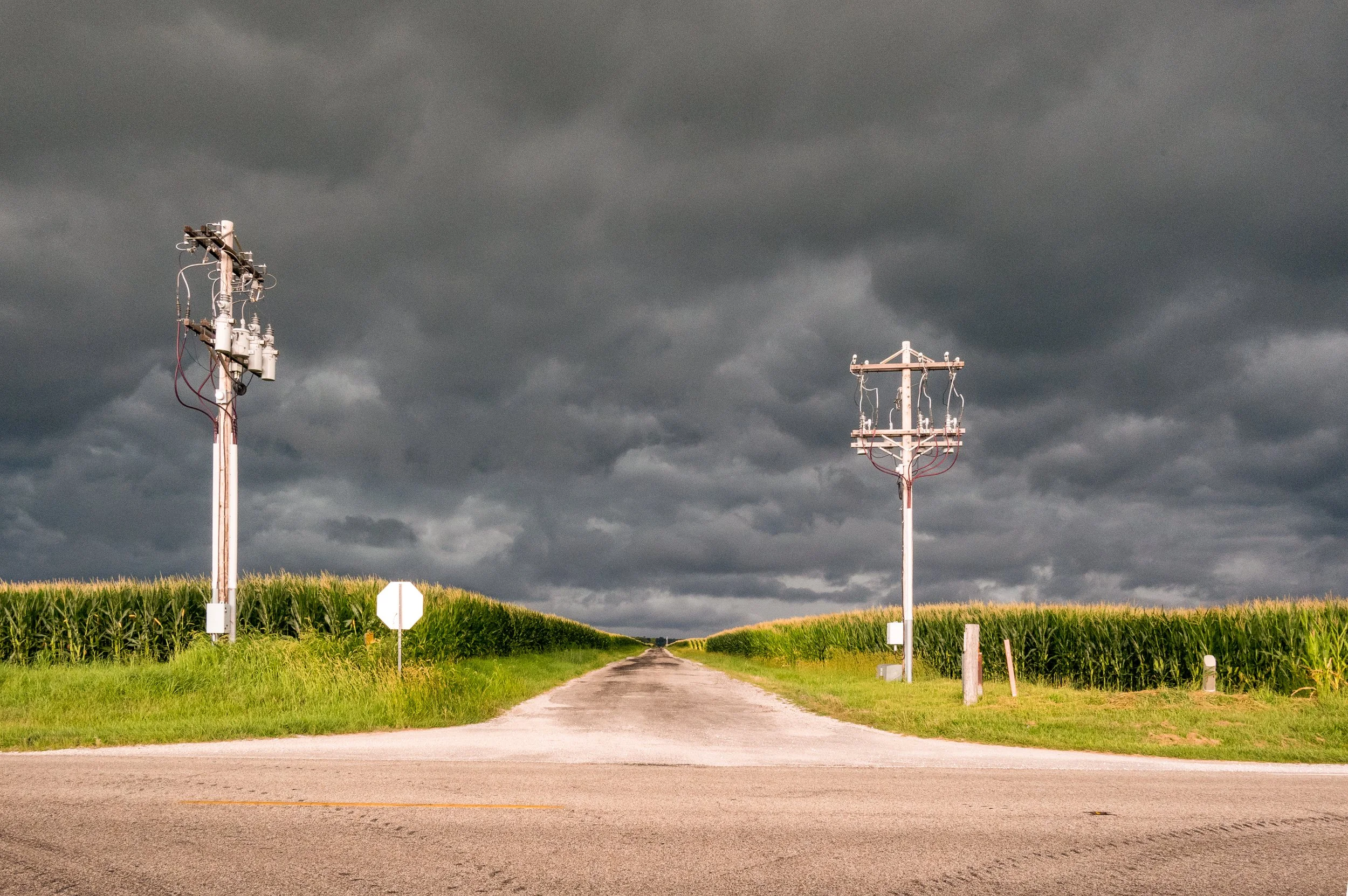 Ominous storm clouds over cornfields in Illinois, Route 66, USA