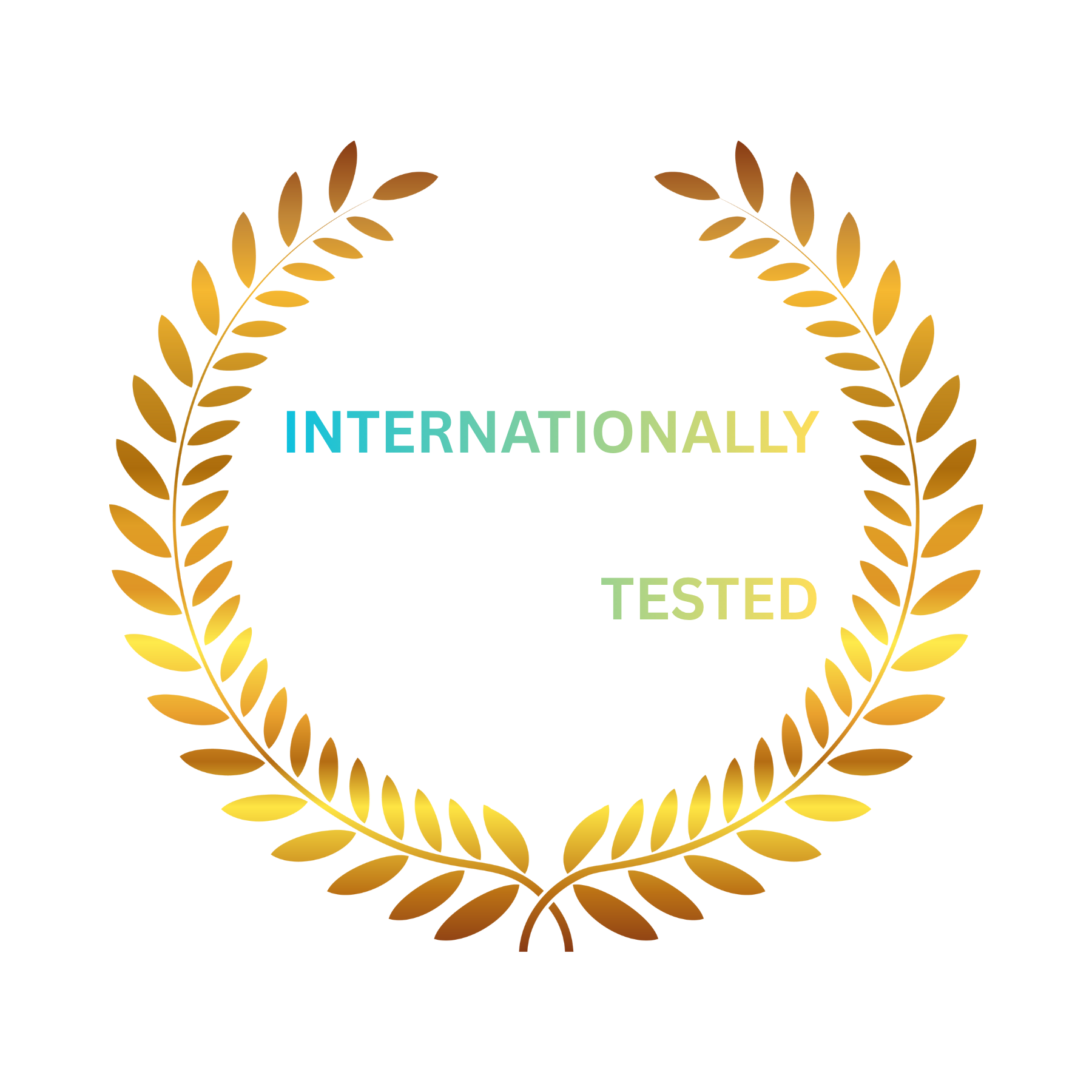 Gold laurel wreath medallion with the words "International" in colorful letters inside.