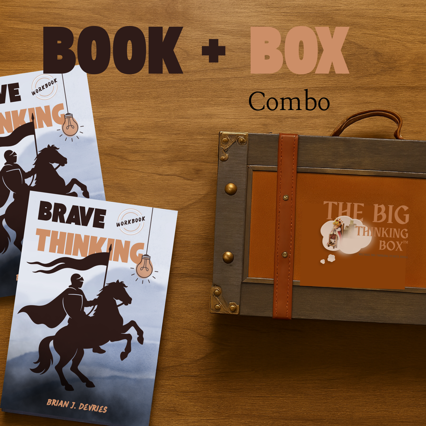 Book and box combo for 'The Big Thinking Box' with two copies of 'Brave Thinking Workbook' by Brian J. DeVries on a wooden surface.
