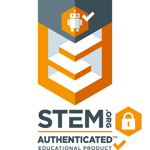 STEM.org logo featuring an orange hexagon with a white lock icon, a checkmark at the top, and a stylized 3D letter S, with the words 'STEM.org Authenticated Educational Product' below.