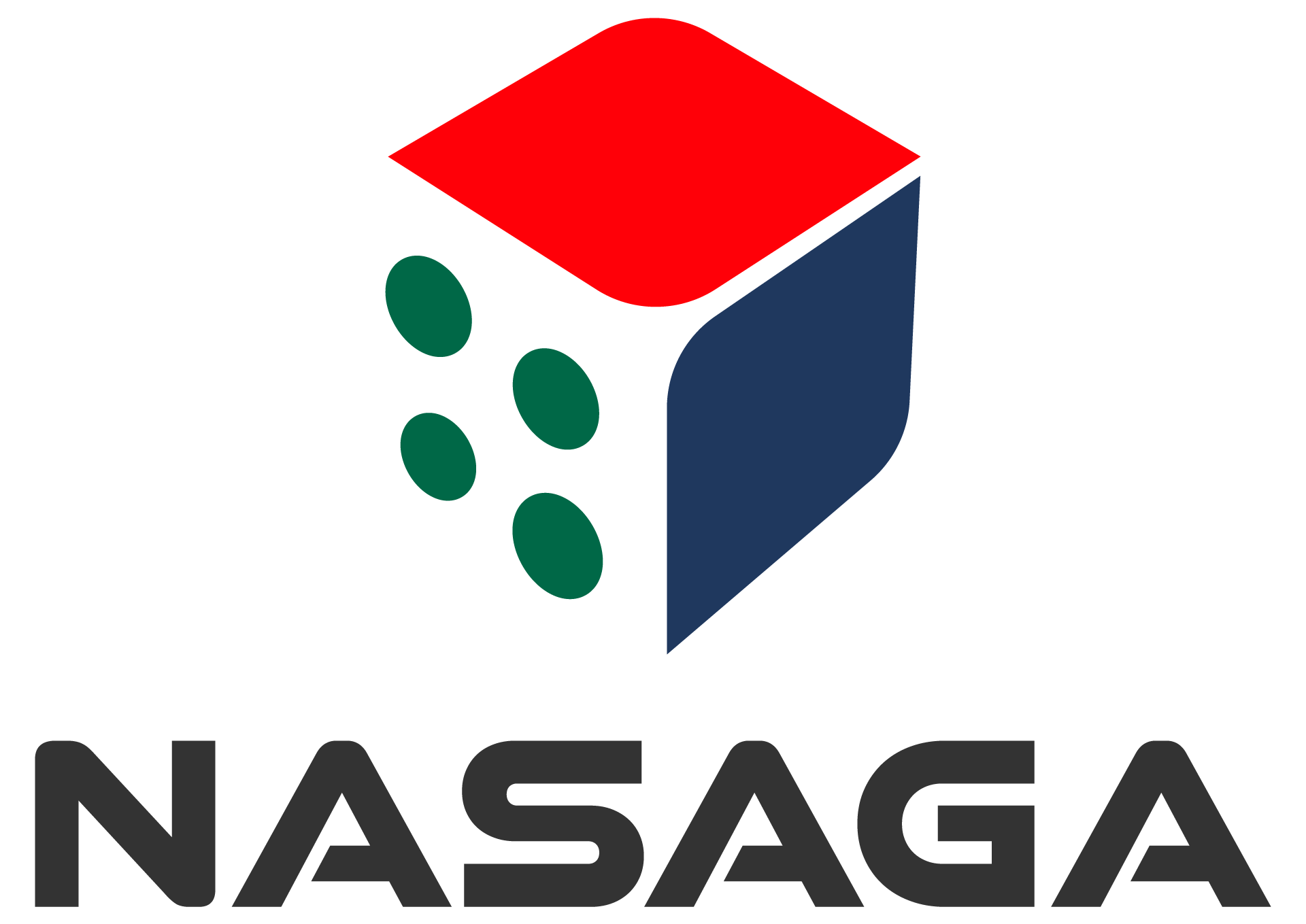 NASA logo with a 3D stylized red, white, and blue cube and five green ovals to the left of the cube, with the word "NASA" underneath in bold black letters.