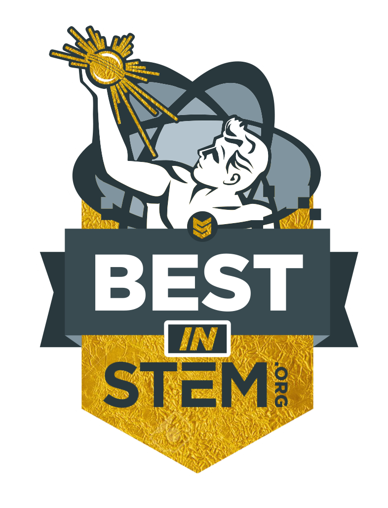 A stylized graphic of a boy in glasses reaching upward towards the sun with rays, holding a small object. The graphic includes a shield with a badge at the center and text that reads 'Best in STEM.org' with a gold textured background.