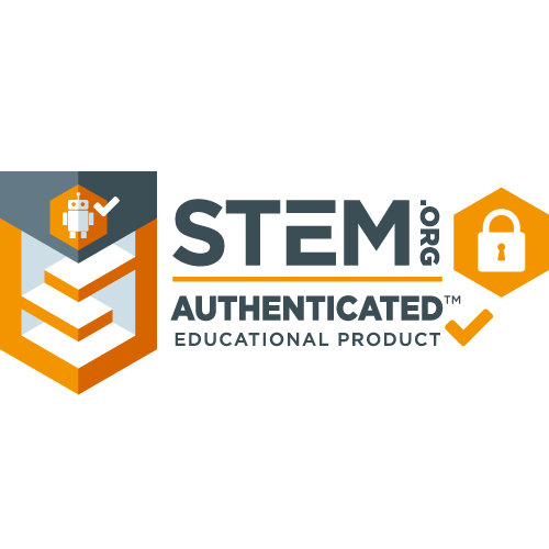 STEM.org Authentic Educator logo with a robot, a lock icon, and a shield, featuring orange, gray, and white colors.