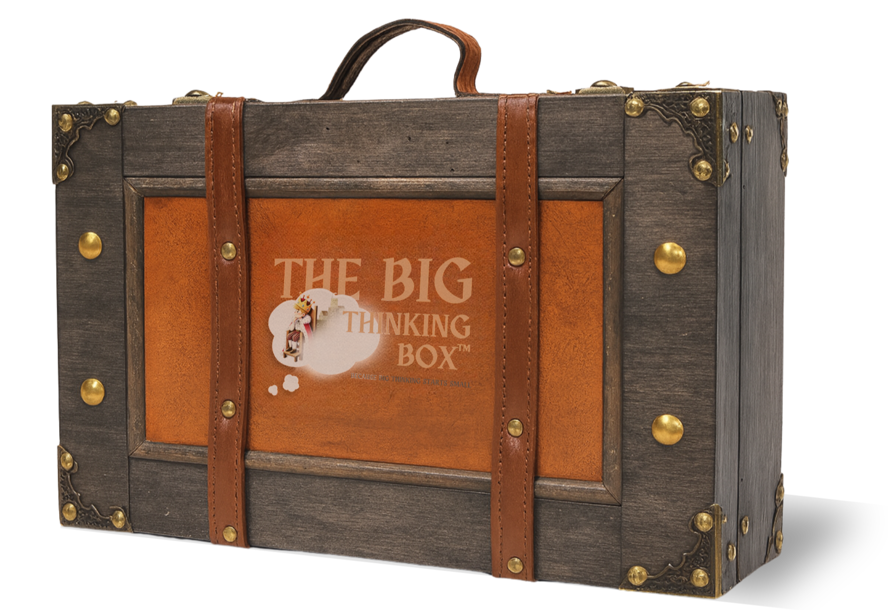 A vintage wooden box with leather straps and gold accents, labeled 'The Big Thinking Box' with a cartoon figure of a king sitting on a throne inside a thought bubble.