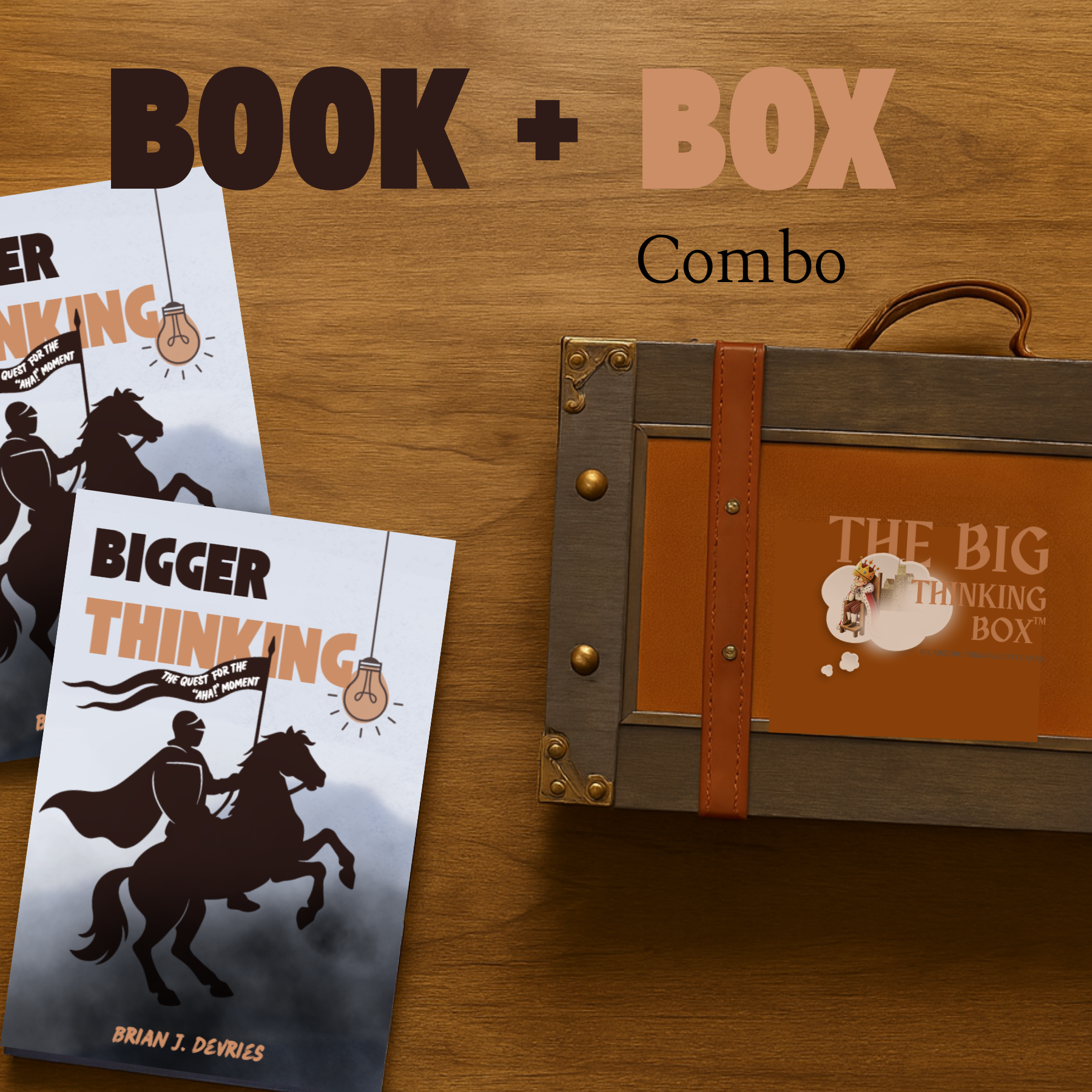 Book and box combo for 'The Big Thinking Box' with two copies of 'Brave Thinking Workbook' by Brian J. DeVries on a wooden surface.
