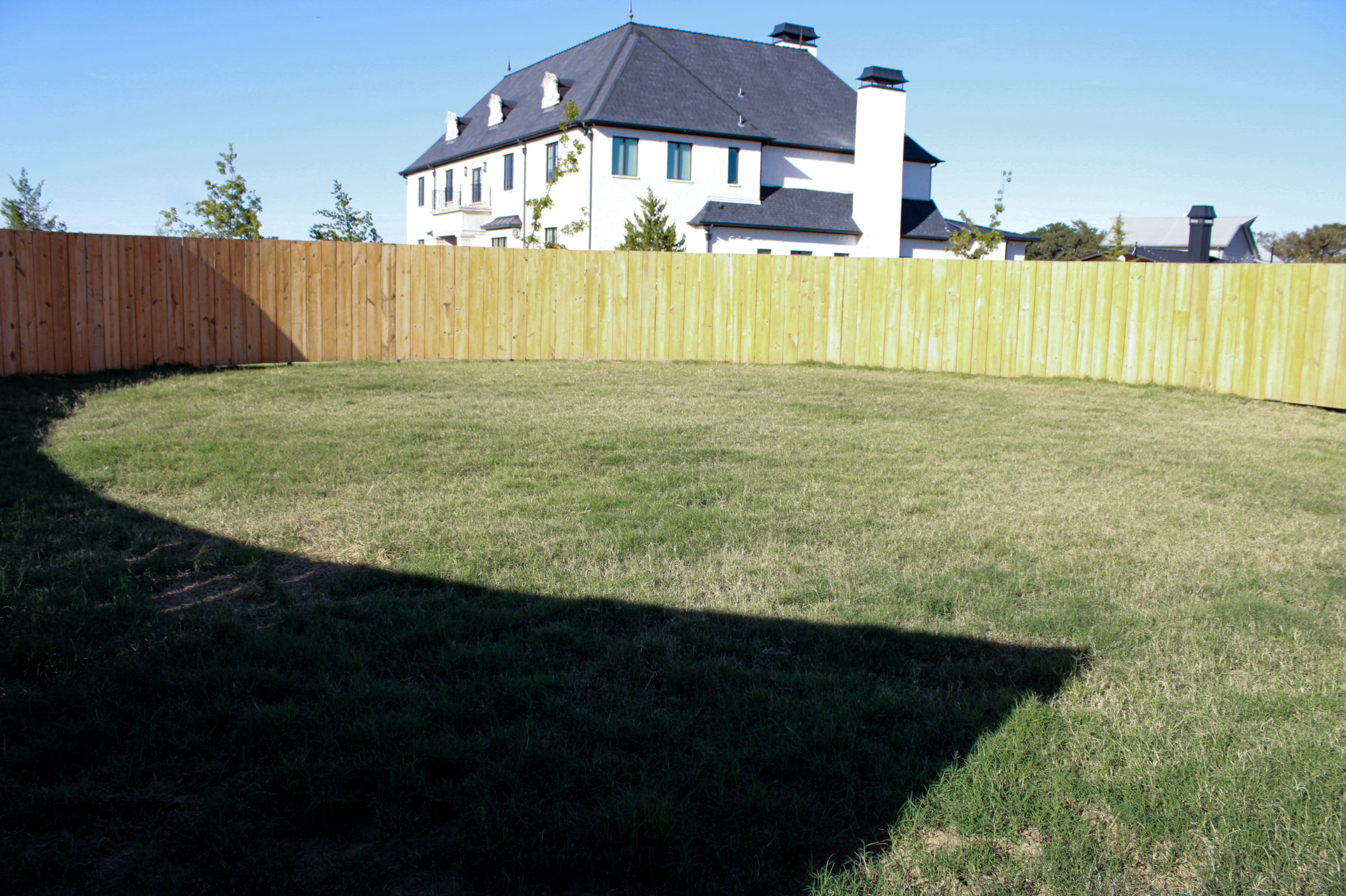 roundpen with a grassy lawn, wooden privacy fence, and a large modern white house with a black roof in the background.