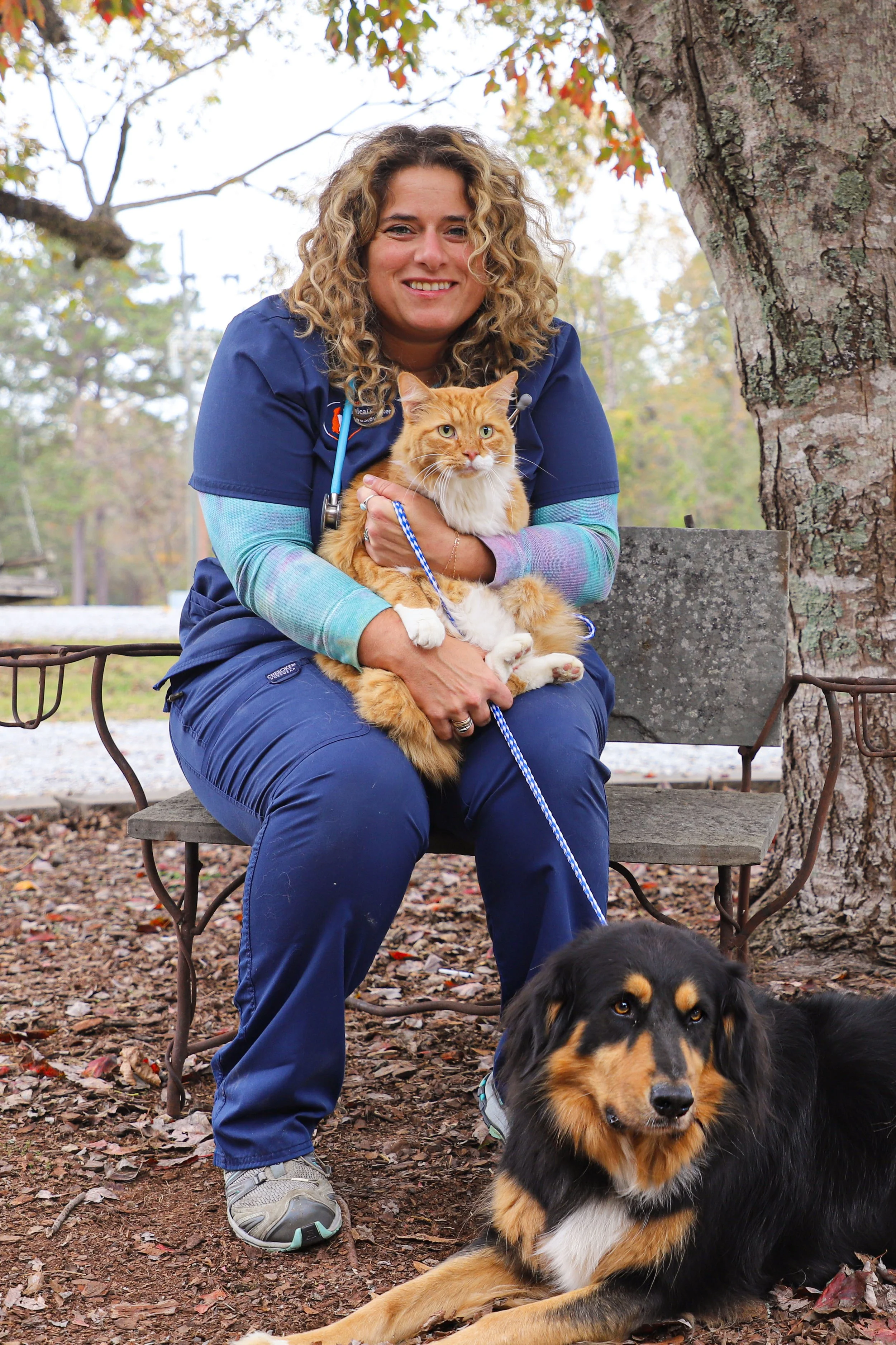 A woman in a blue medical uniform sitting on a park bench outdoors, holding a ginger cat with a leash, a black and tan dog lying on the ground nearby, with trees and fallen leaves in the background.