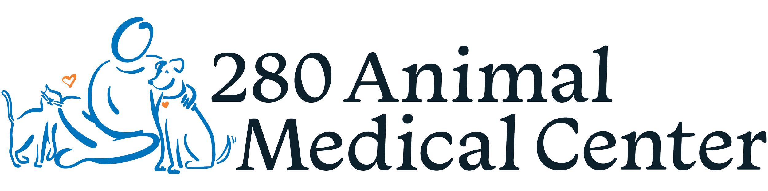 Logo of 280 Animal Medical Center featuring a blue line drawing of a veterinarian kneeling with a dog and a cat, with the text '280 Animal Medical Center'.