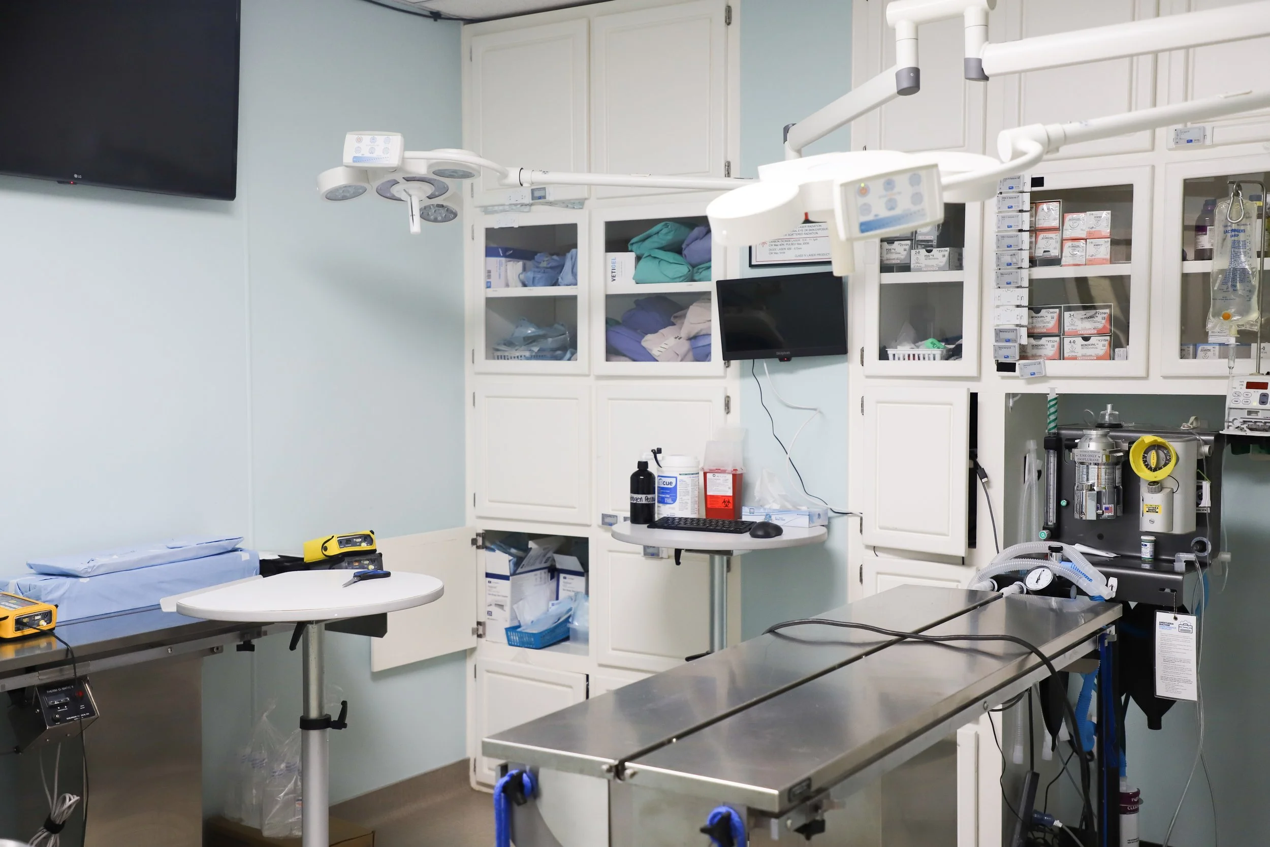 An empty veterinary operating room with medical equipment, surgical lights, stainless steel table, cabinets filled with supplies, and monitors.