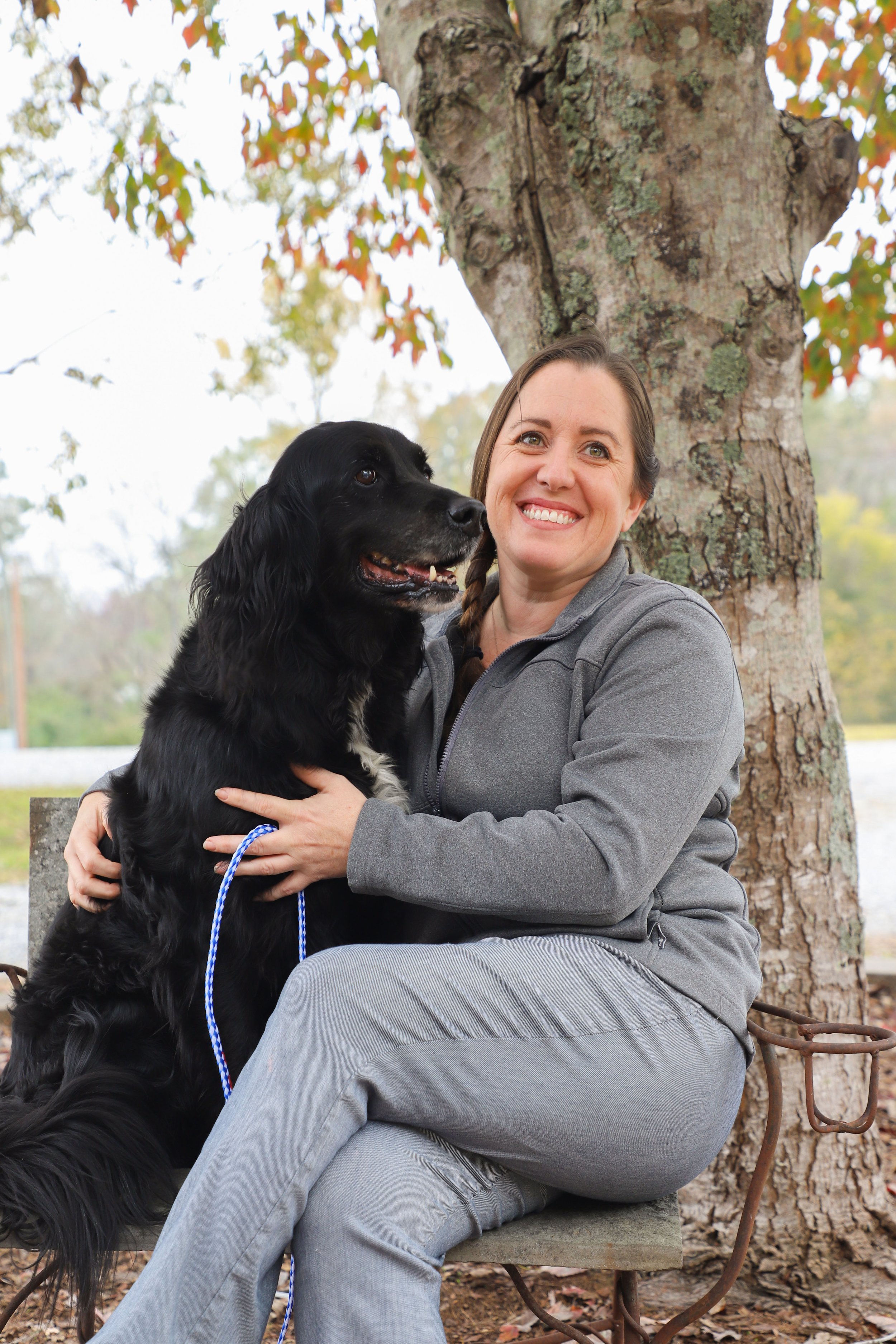 A woman sitting on a bench outdoors, hugging a large black and white dog with long fur, with a tree and autumn leaves in the background.