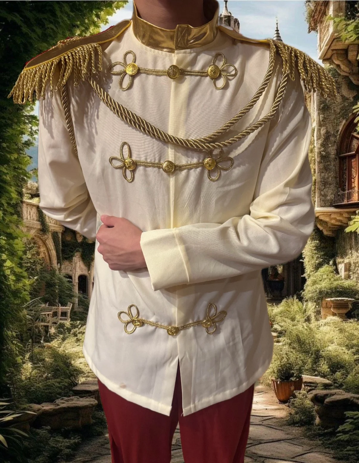 Person dressed in a vintage military-style uniform with gold braid and epaulettes, standing outdoors in front of lush greenery and historic buildings.
