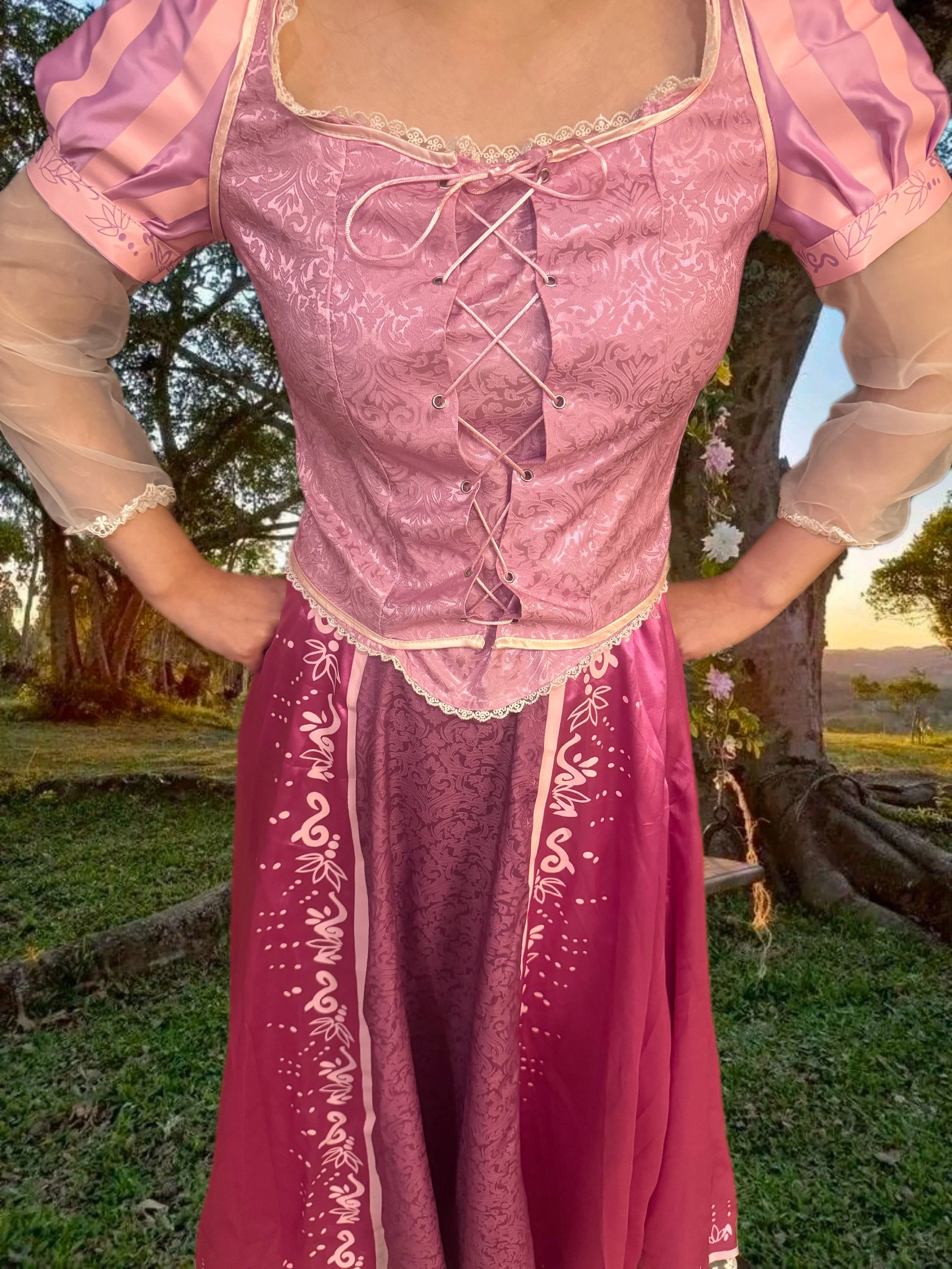 Person wearing a traditional pink and purple dress with intricate patterns and lace details, standing outdoors near a large tree with a sunset in the background.