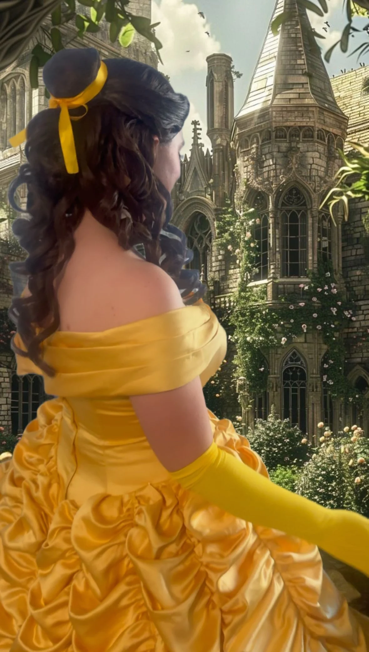 A woman dressed as Belle from Disney's Beauty and the Beast, wearing a yellow gown, in front of a castle backdrop with greenery and flowers.