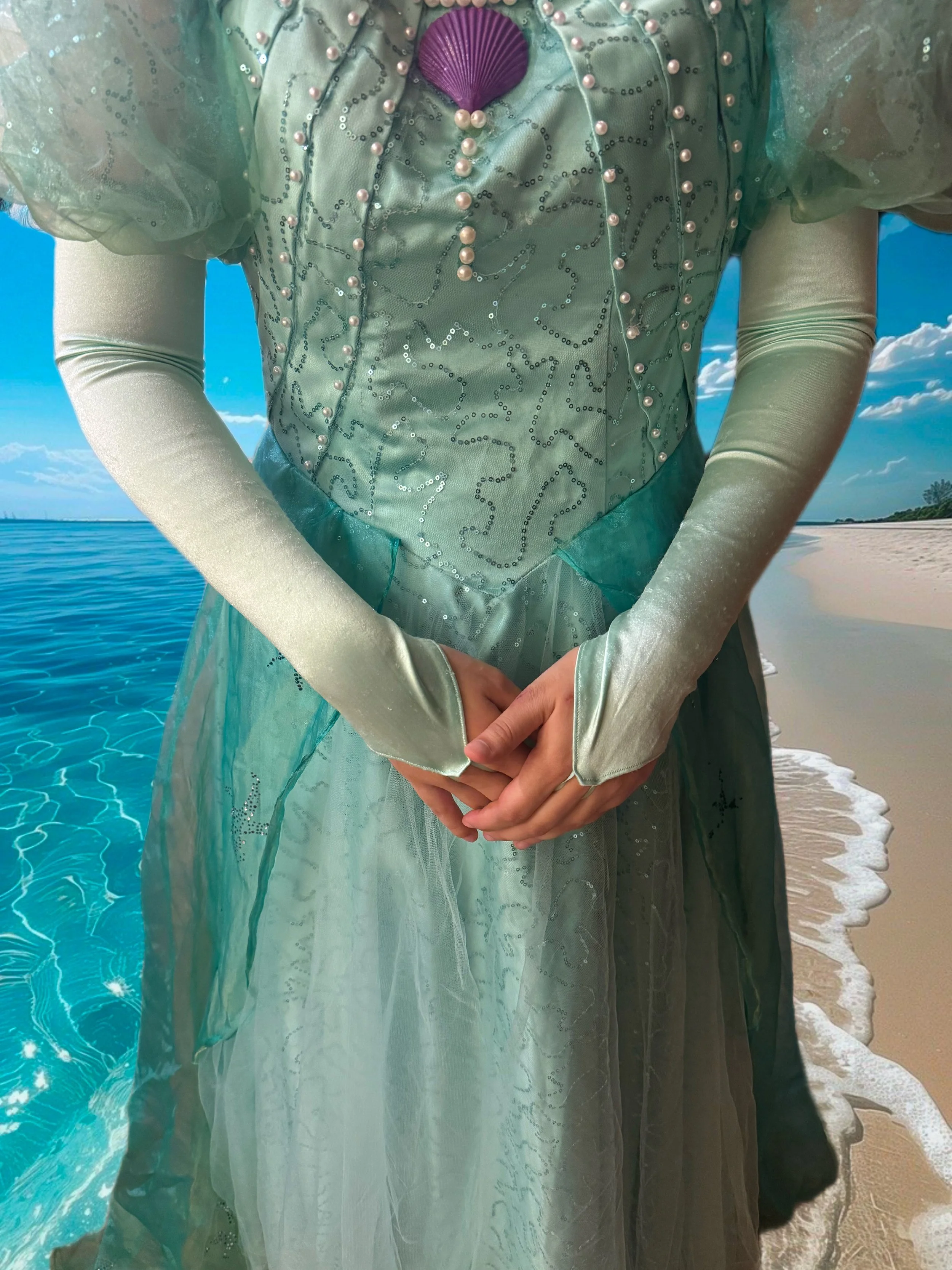 Close-up of a person dressed as a fairy tale princess, wearing a light green, sequined gown with pearl embellishments and long sheer sleeves. The background shows a beach with sand, ocean, and sky.