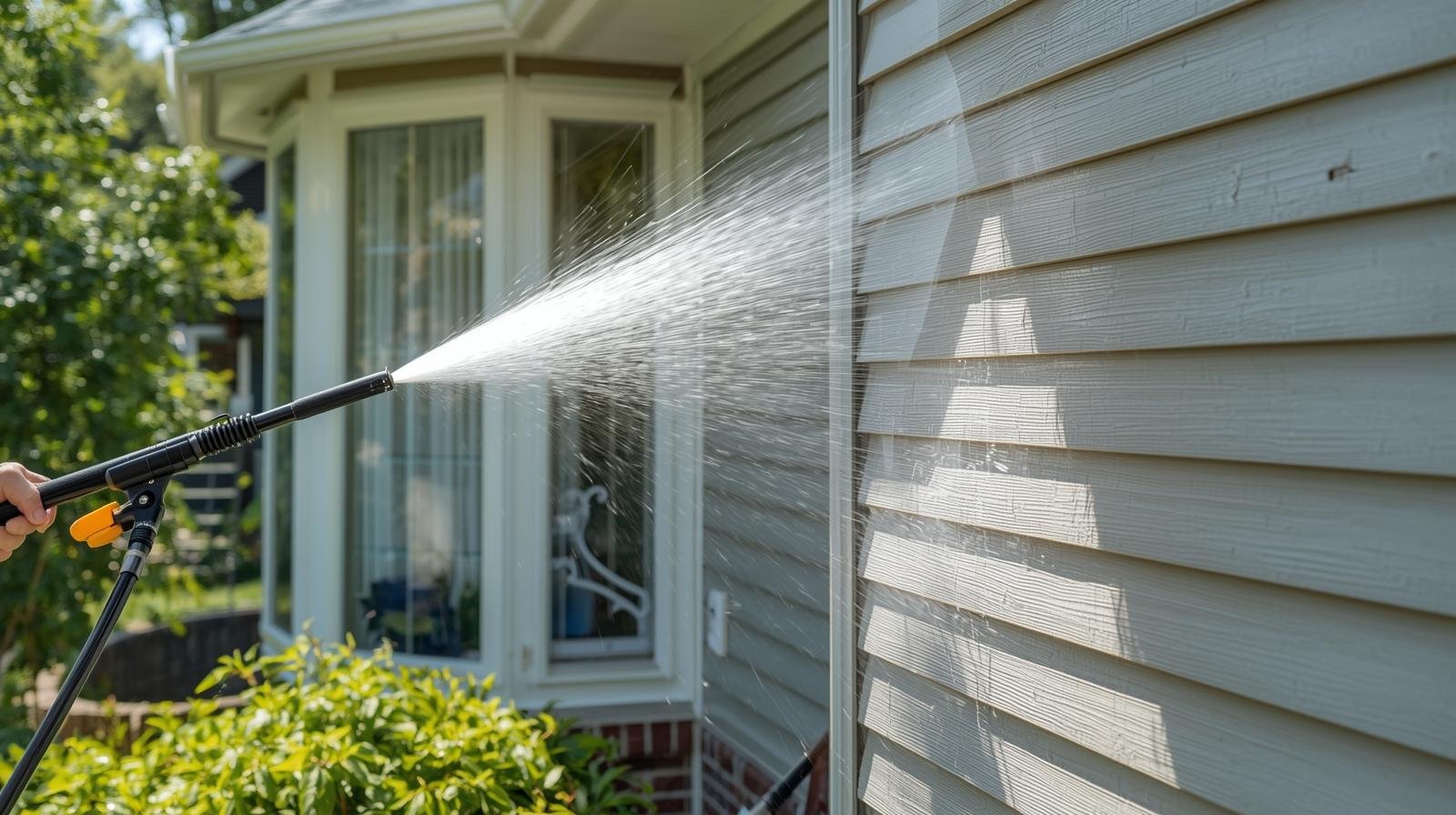 Person using a pressure washer to spray water on the side of a house with beige horizontal siding.
