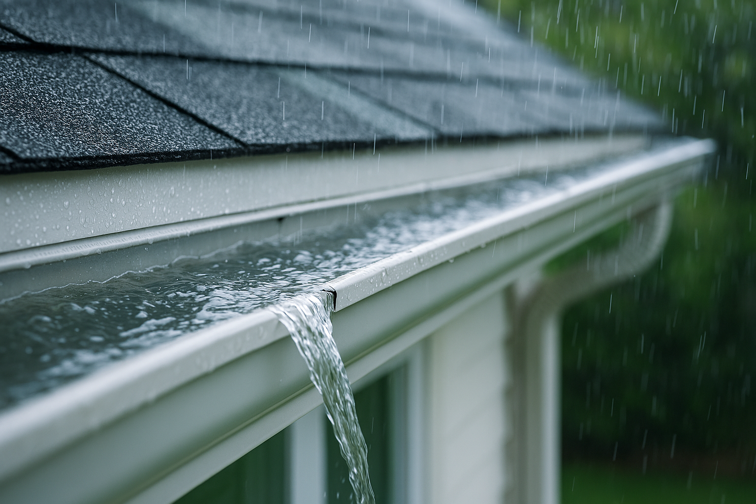 Rain falling on a house gutter, with water flowing out during a rainy day.