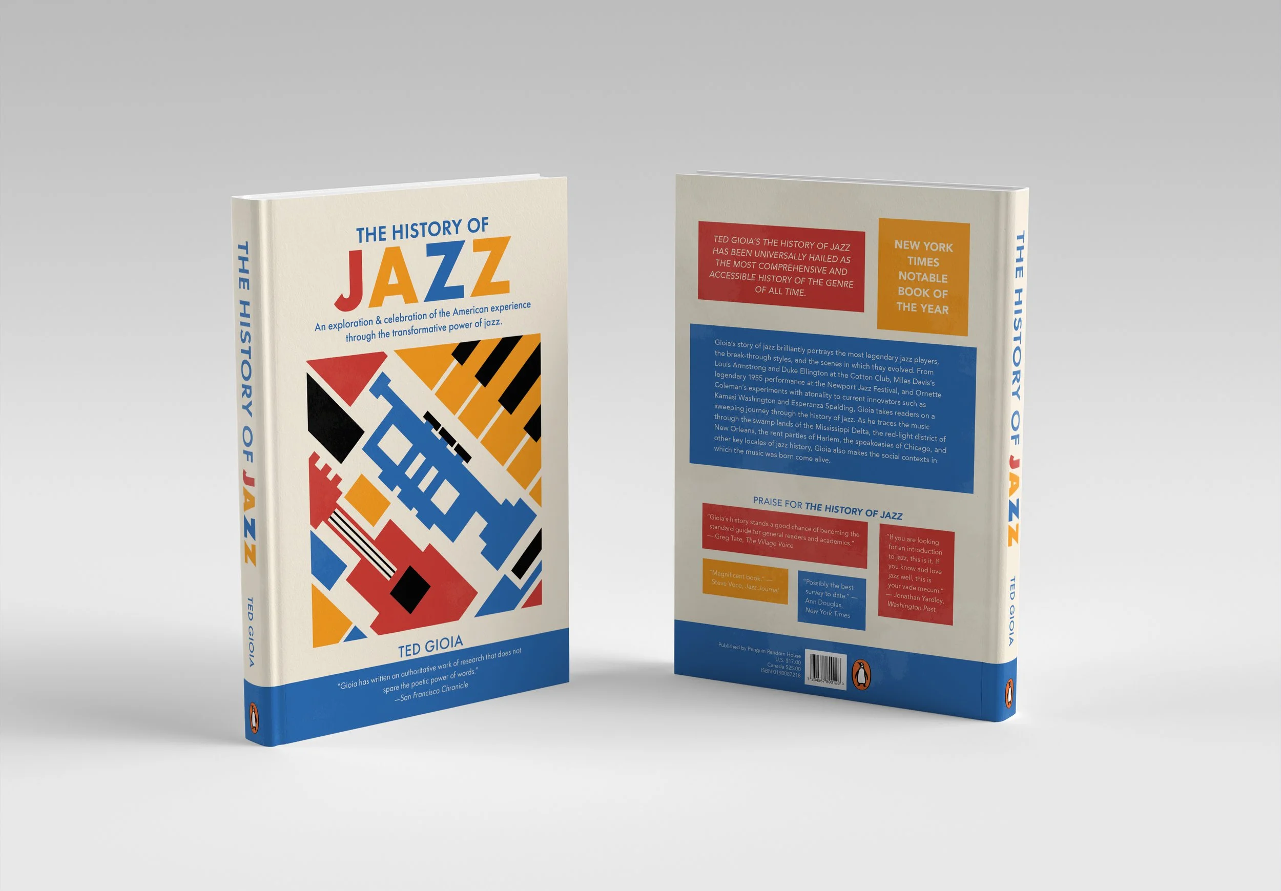 Front and back cover of a book titled 'The History of Jazz' by Ted Gioia, featuring colorful geometric shapes on the front and text about jazz history on the back.