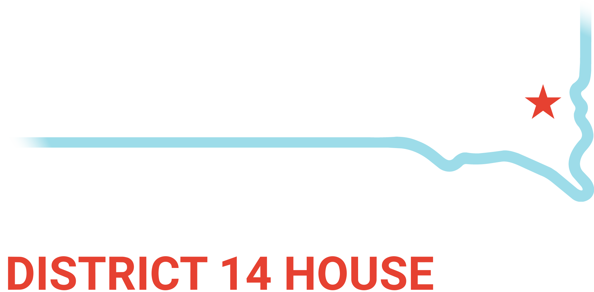 Erinn Williams white text on blue background.  Light blue outline of South Dakota with red text District 14 House