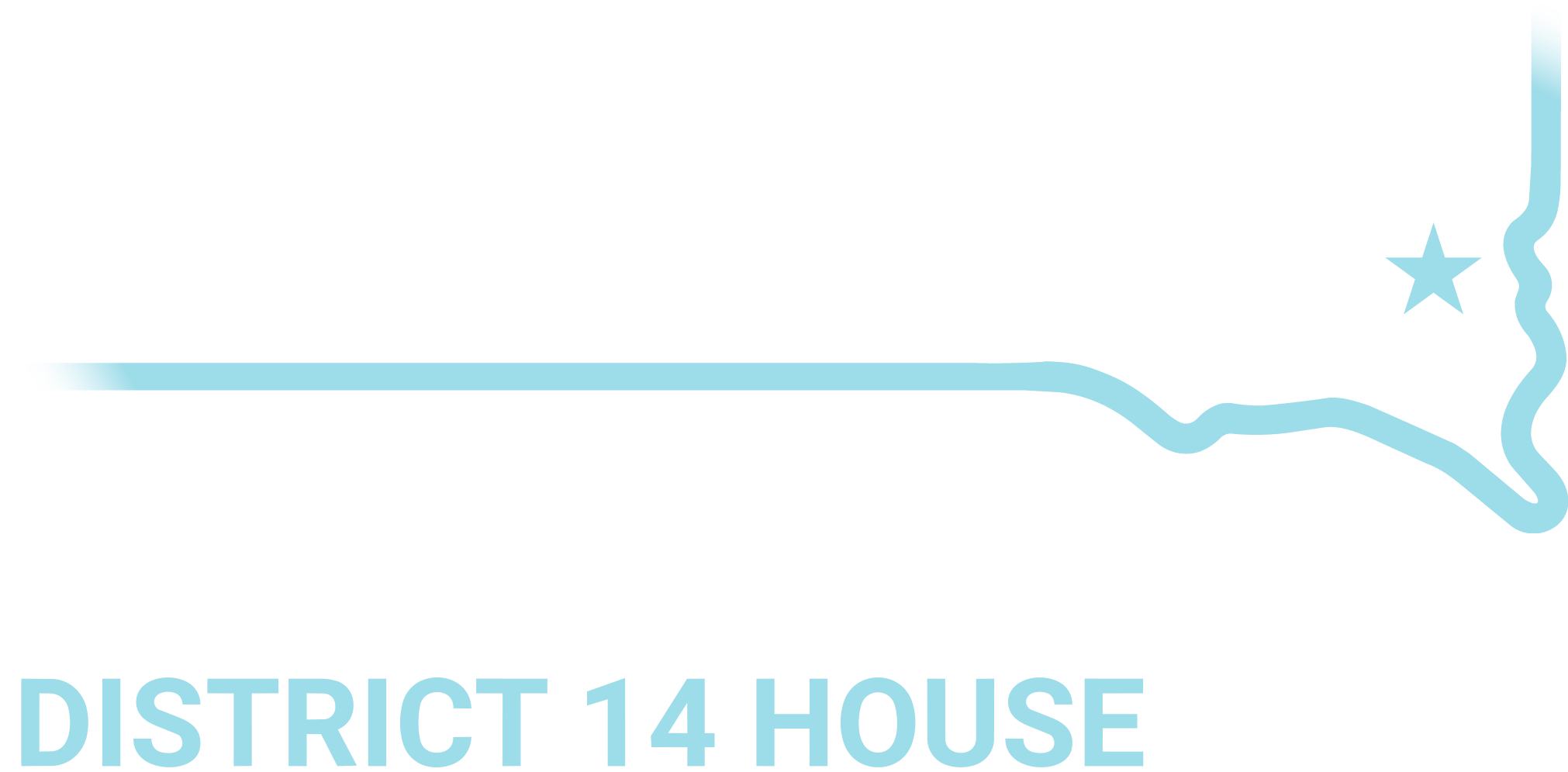 Erinn Williams white text on blue background.  Light blue outline of South Dakota with text District 14 House