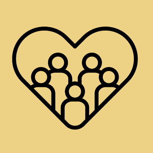Outline of a group of six people inside a heart symbol, representing community or love.