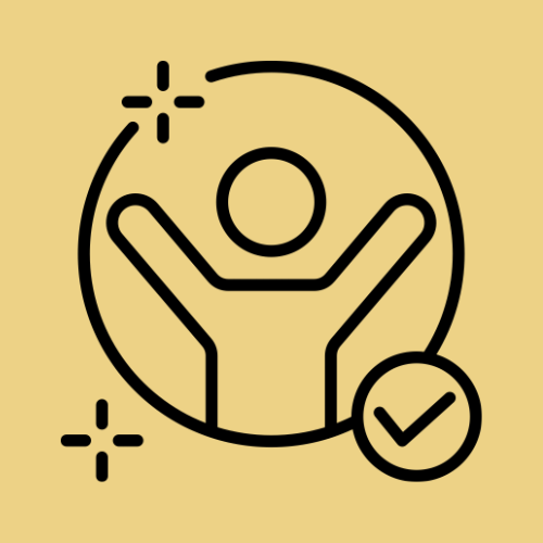Line drawing of a person with arms raised, surrounded by a circle, with a check mark and sparkles, on a beige background.