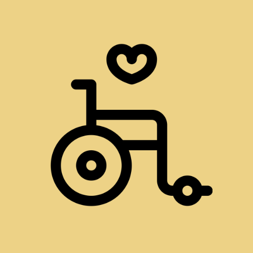 Black outline illustration of a wheelchair with a heart above it on a beige background.