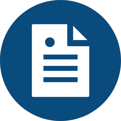 Icon of a document with lines of text and a circle at the top left corner inside a dark blue circle.
