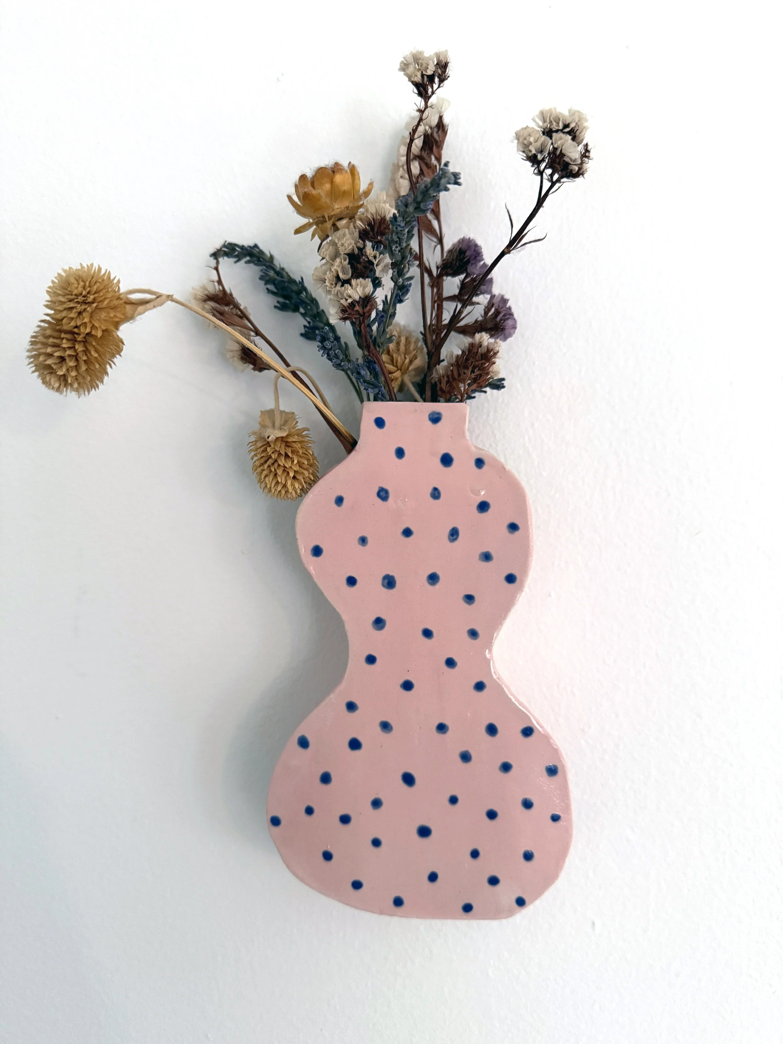 Large Pink Wall Vase w/ Blue Polka Dots