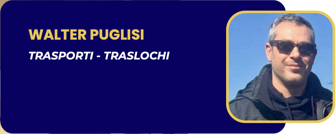 Biglietto identificativo con nome Walter Puglisi, settore trasporti e traslochi, foto di un uomo con occhiali da sole e giacca nera, sfondo cielo blu