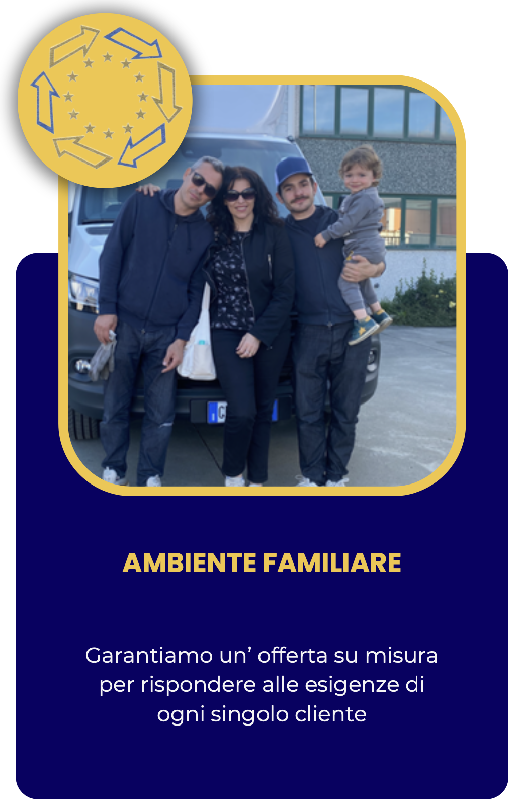 Una famiglia composta da tre adulti e un bambino sorride di fronte a un van, in un ambiente familiare, con un edificio moderno sullo sfondo.