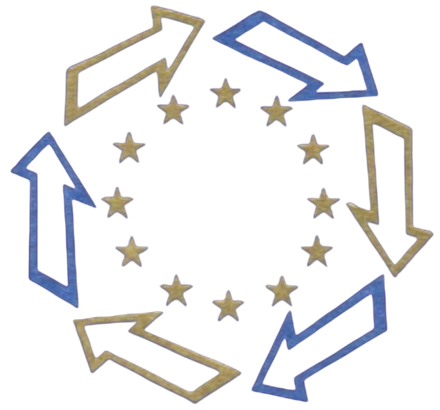 Decorazione di stelle d'oro, frecce colorate e luci LED in un motivo circolare.