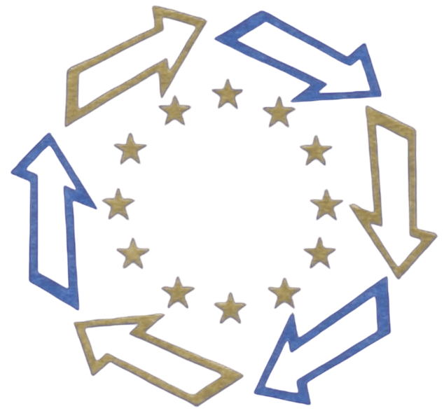 Simbolo circolare con stelle al centro e frecce disposte in un ciclo, simbolo di riciclo o ciclo economico dell'UE.