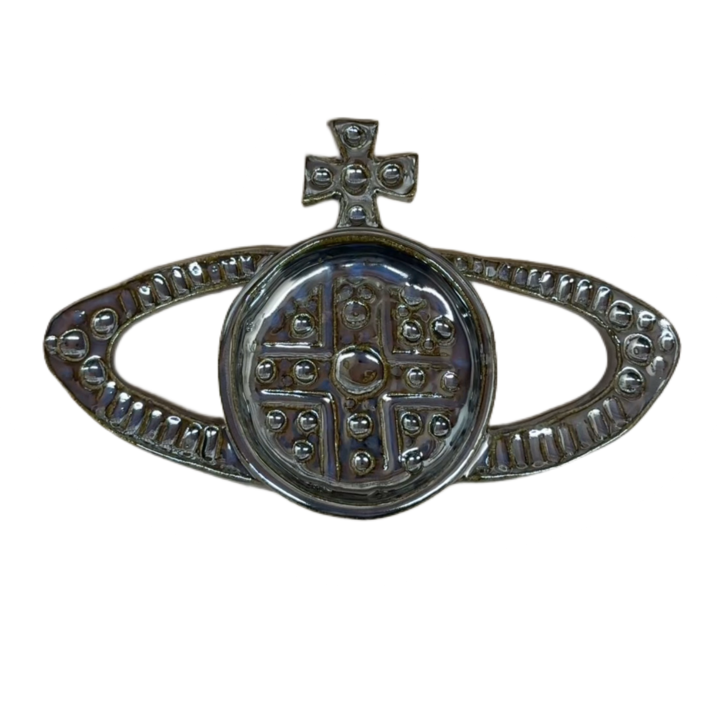 Metal ornament with a cross on top, featuring a circular center with a cross inside, and elongated oval-shaped designs around it decorated with small circular elements.