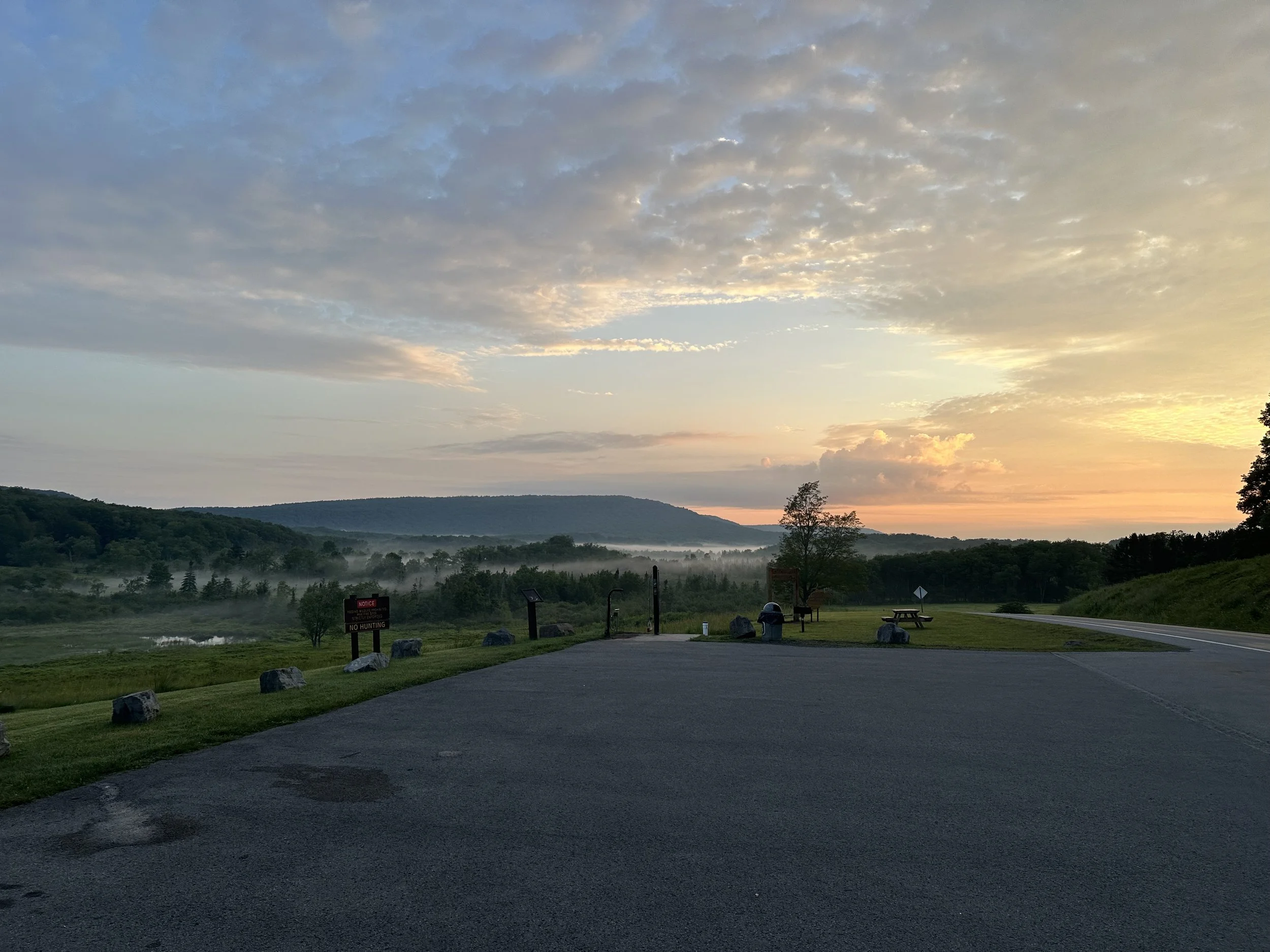 Scenic view of a park overlooking a valley with forested hills and a mountain in the distance during sunrise or sunset, with a paved parking area, a picnic table, a trash can, and signs on the grass.