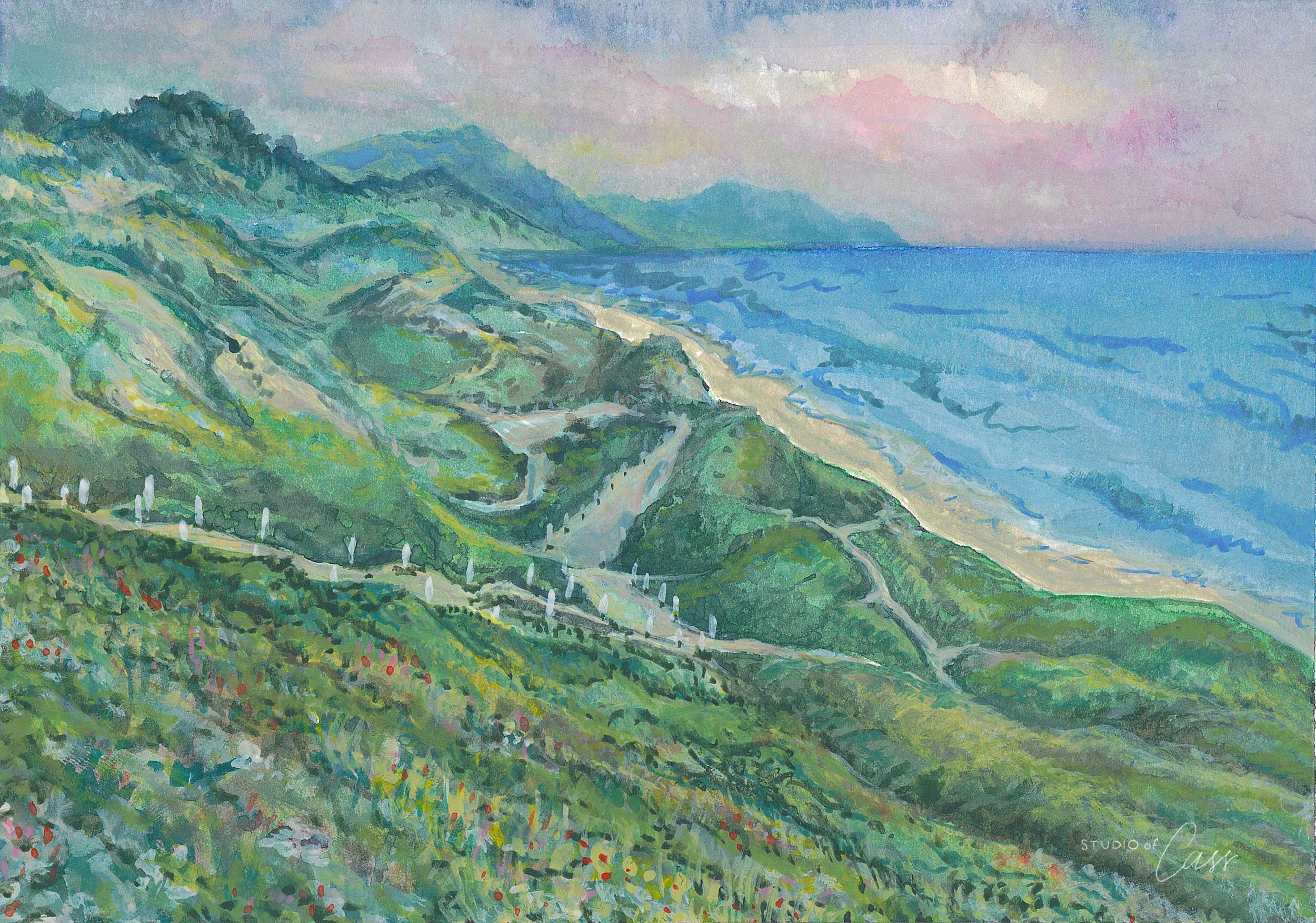 A watercolor painting of a scenic coastal landscape with green hills, a winding road, and the ocean in the background under a pastel sky.