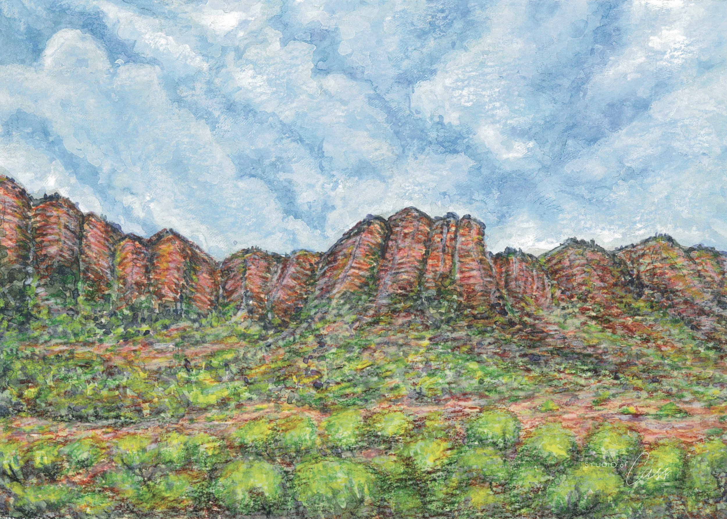 A watercolor painting of a mountainous landscape with red rock formations under a blue sky with clouds, and green vegetation at the base.
