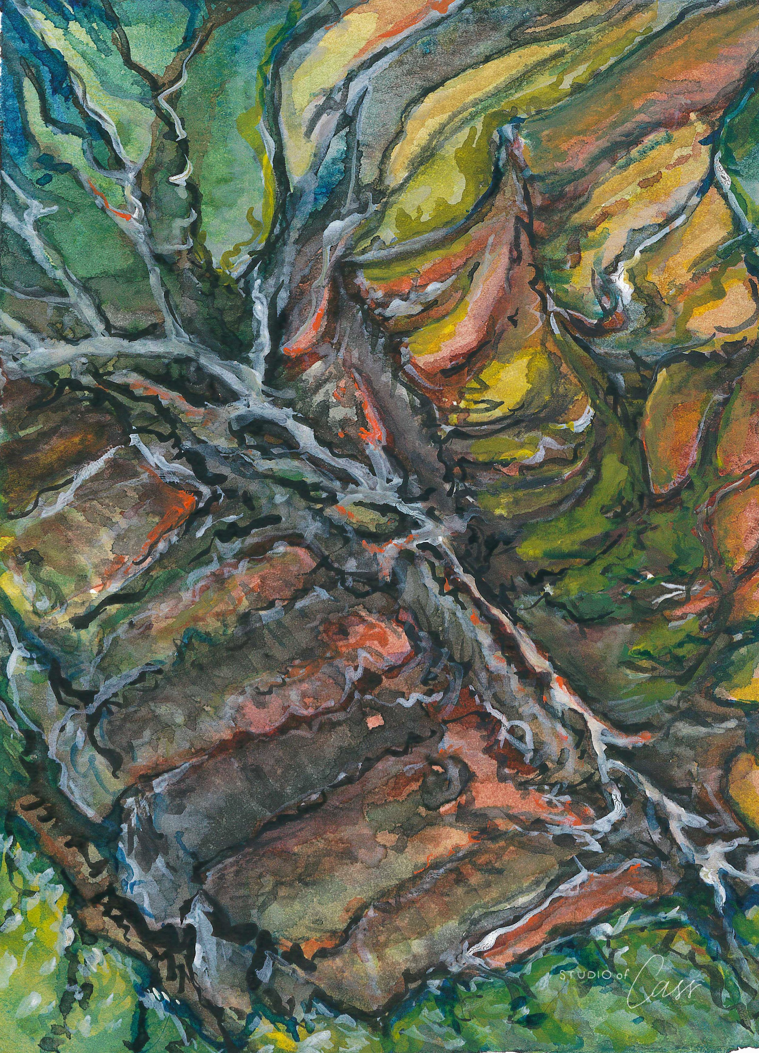 A colorful watercolor painting of a tree trunk with textured bark, surrounded by green and yellow leaves.