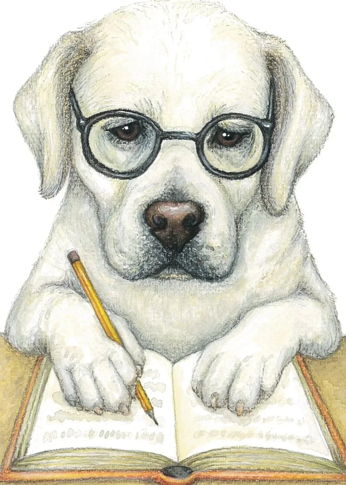 Illustration of a dog wearing glasses, holding a pencil, and writing in an open book.