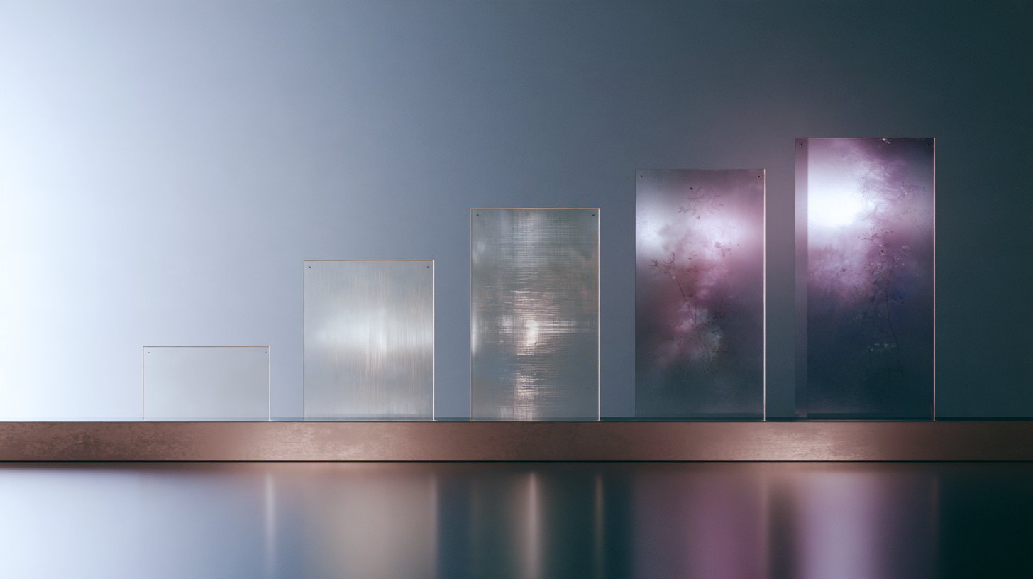 Five translucent panels rise in sequence from a shared horizontal base, growing taller and more detailed from left to right against a soft blue and blush background.
