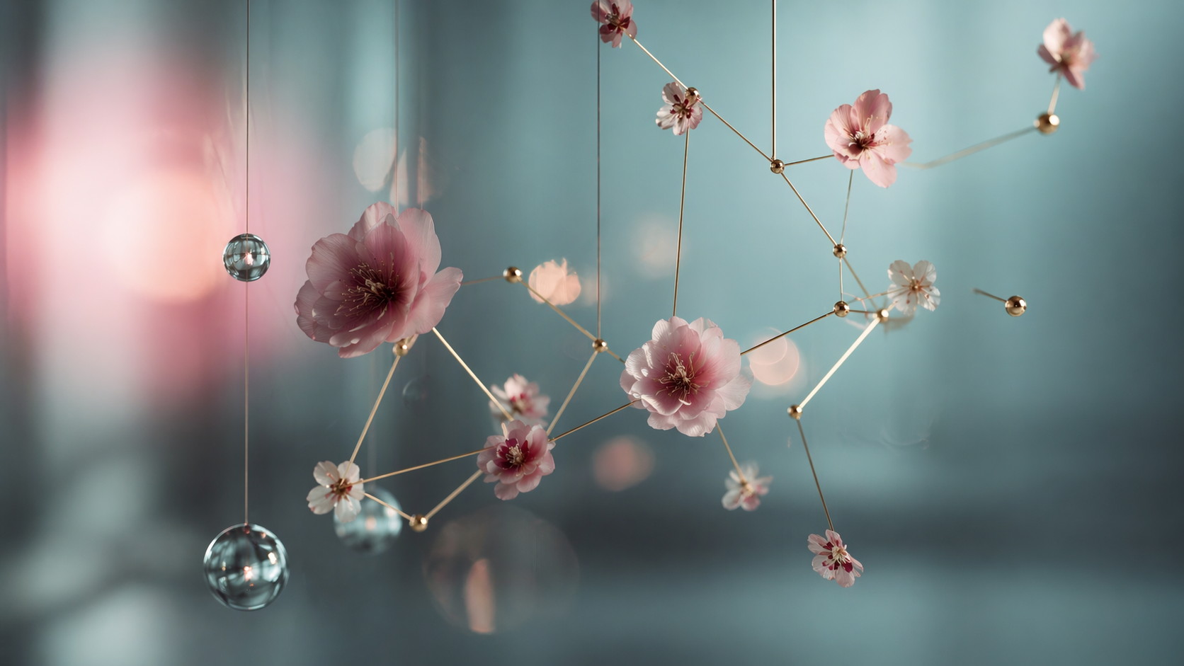Soft-focus abstract semantic web with glass nodes, gold lines, and pale blossoms suspended in blue-green light.