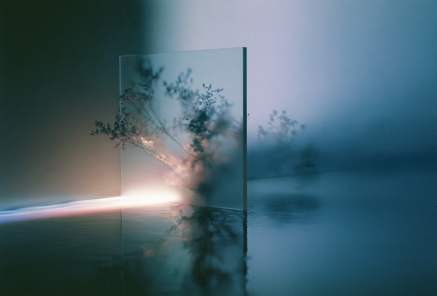 A translucent glass plane stands in soft morning light, with delicate wildflowers visible through the glass and faint botanical shadows cast across a calm, minimal interior.